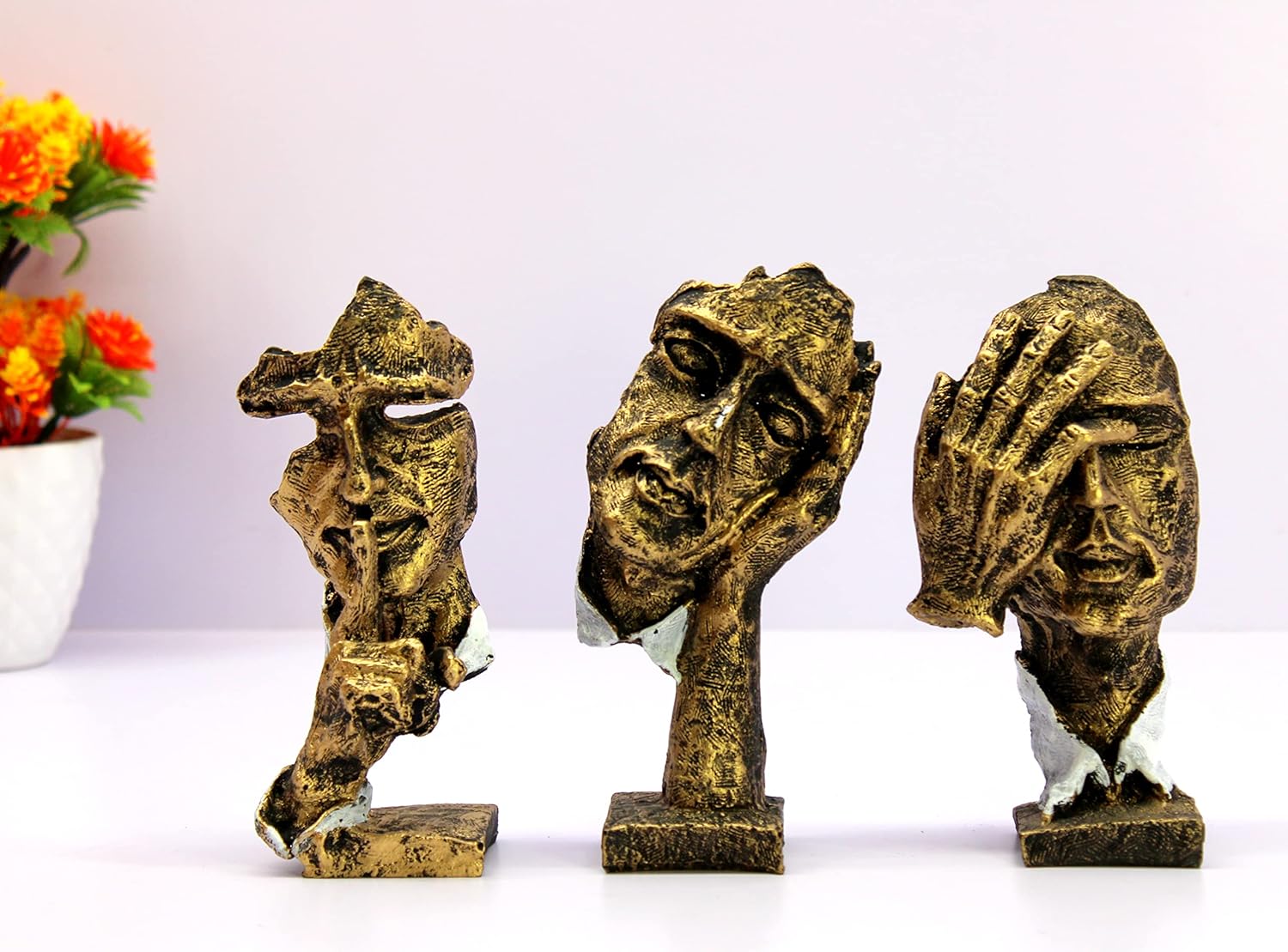 ESPLANADE Human Faces - Zen Sculpture Showpiece - Set of 3 | See No Evil, Hear No Evil, Speak No Evil | Face Expressions Statement Pieces | Home Decor | Resin - Brown - 6.5" Inches
