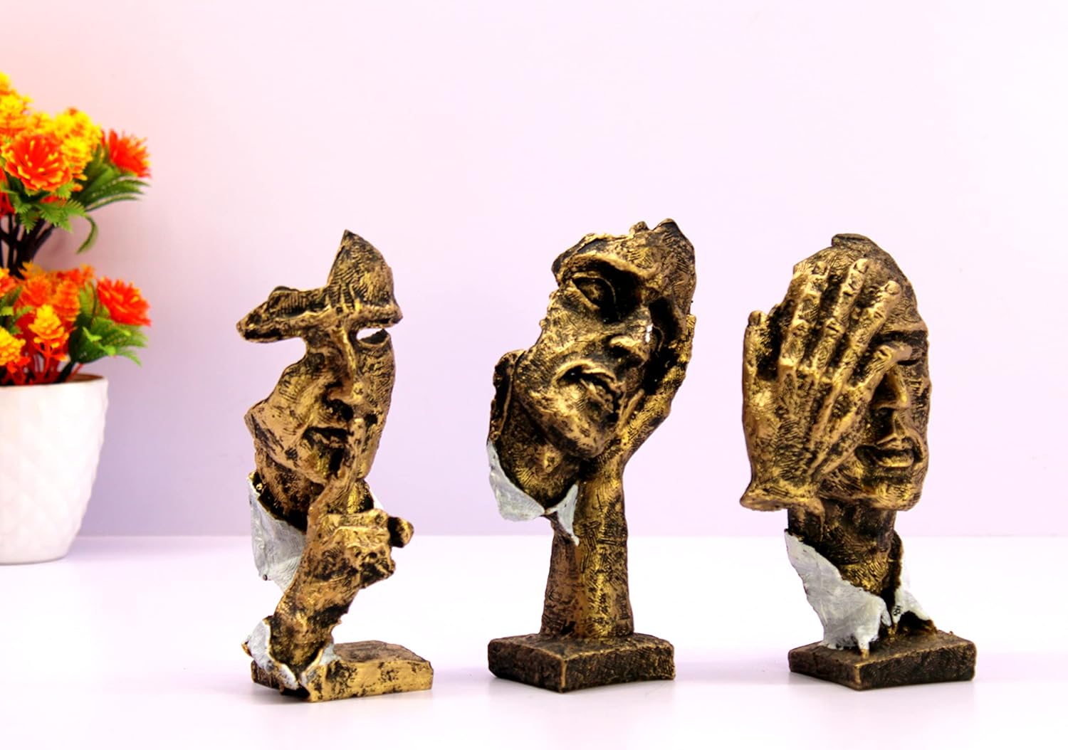 ESPLANADE Human Faces - Zen Sculpture Showpiece - Set of 3 | See No Evil, Hear No Evil, Speak No Evil | Face Expressions Statement Pieces | Home Decor | Resin - Brown - 6.5" Inches