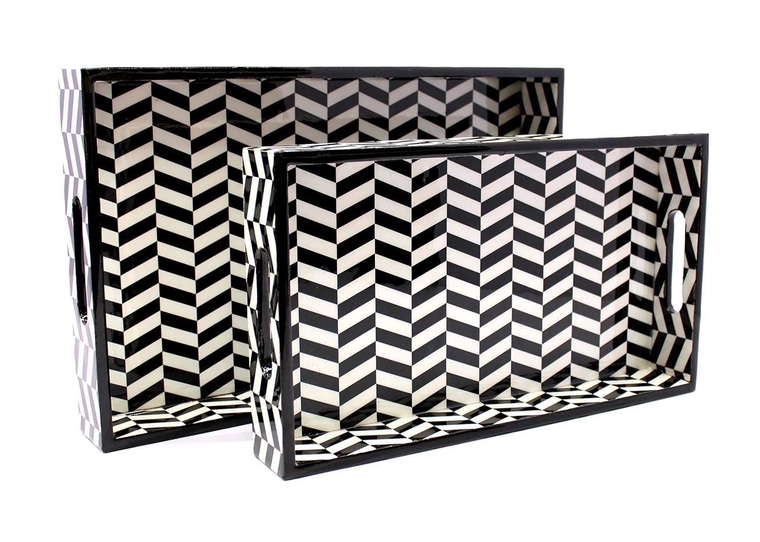 eSplanade Wooden Serving Trays - Set of 2 - Home Office Dining Table Multipurpose Serveware - 16" x 10" Inches - Black-White