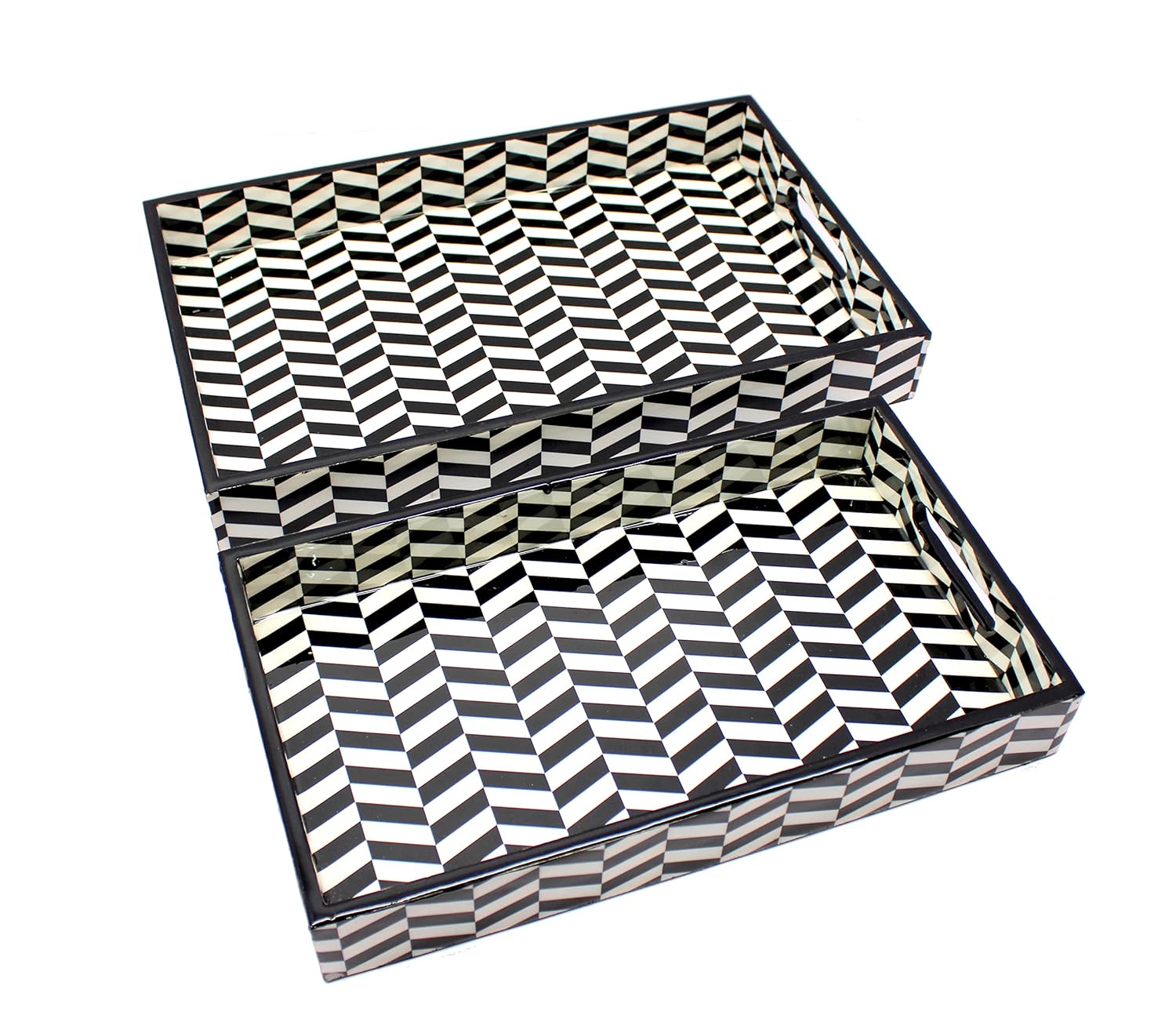 eSplanade Wooden Serving Trays - Set of 2 - Home Office Dining Table Multipurpose Serveware - 16" x 10" Inches - Black-White