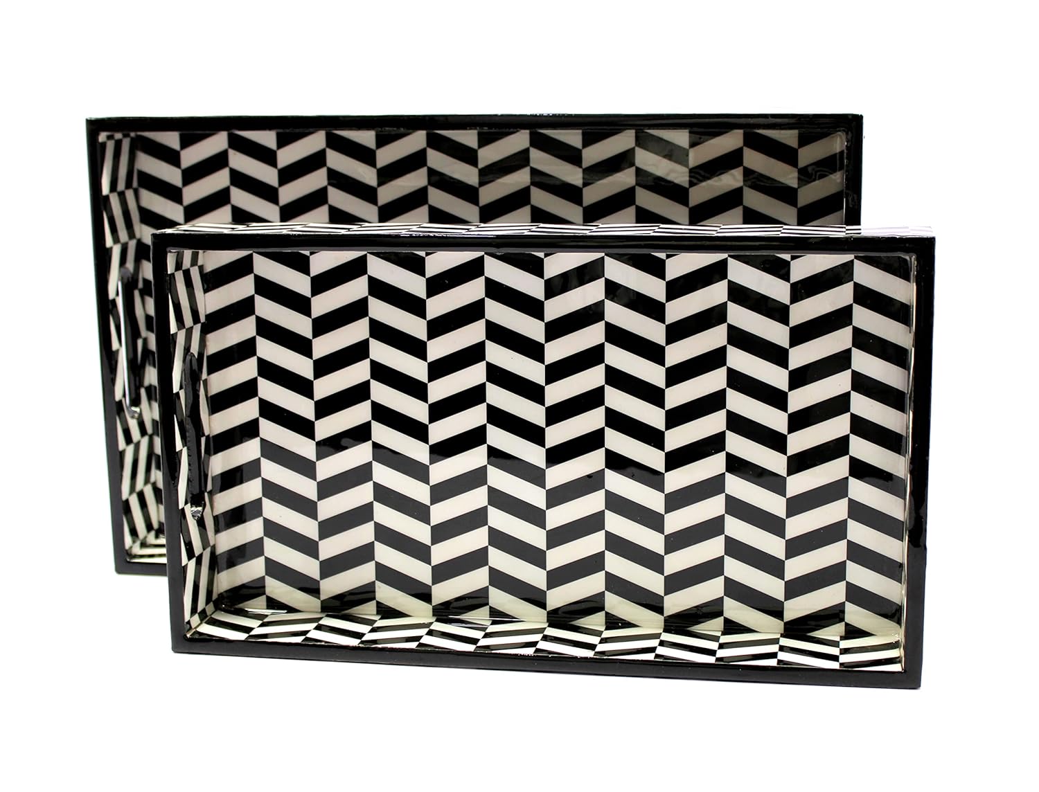 eSplanade Wooden Serving Trays - Set of 2 - Home Office Dining Table Multipurpose Serveware - 16" x 10" Inches - Black-White