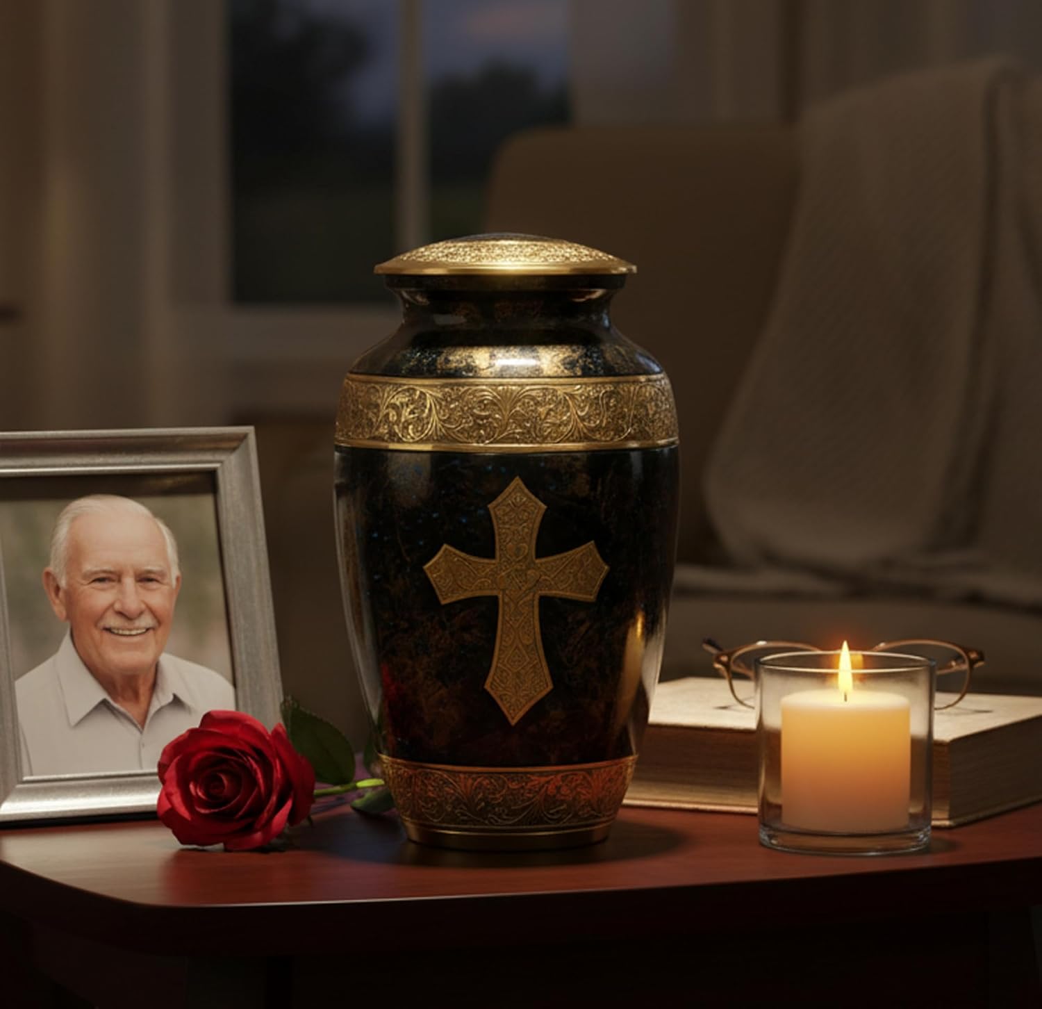 eSplanade Brass Cremation Urn Memorial Jar Pot Container | Full Size Urn for Funeral Ashes Burial | Holy Cross Printed Urn | Black - 10" Inches