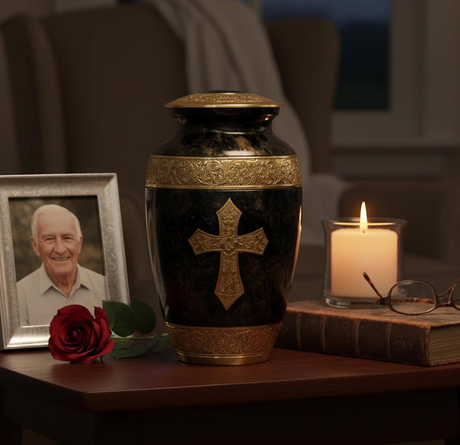 eSplanade Brass Cremation Urn Memorial Jar Pot Container | Full Size Urn for Funeral Ashes Burial | Holy Cross Printed Urn | Black - 10" Inches