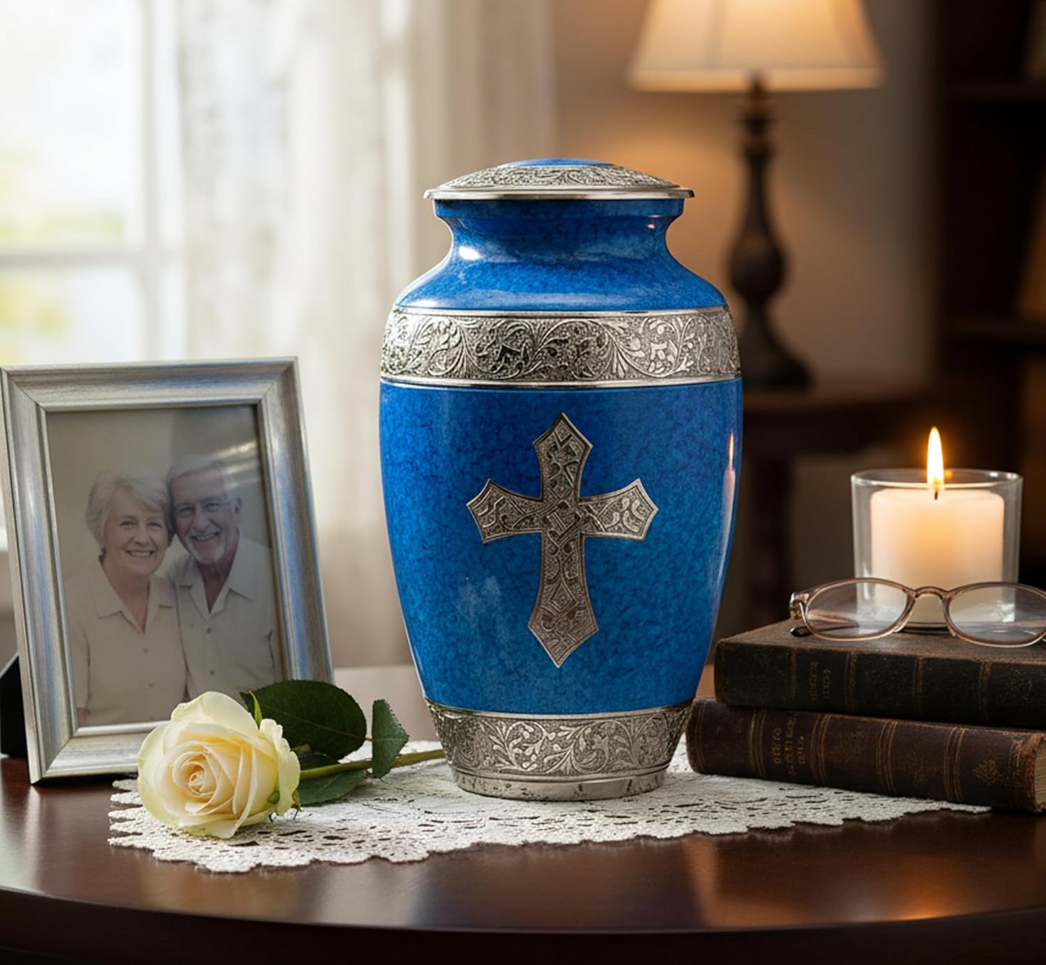 eSplanade Brass Cremation Urn Memorial Jar Pot Container | Full Size Urn for Funeral Ashes Burial | Holy Cross Printed Urn | Black - 10" Inches