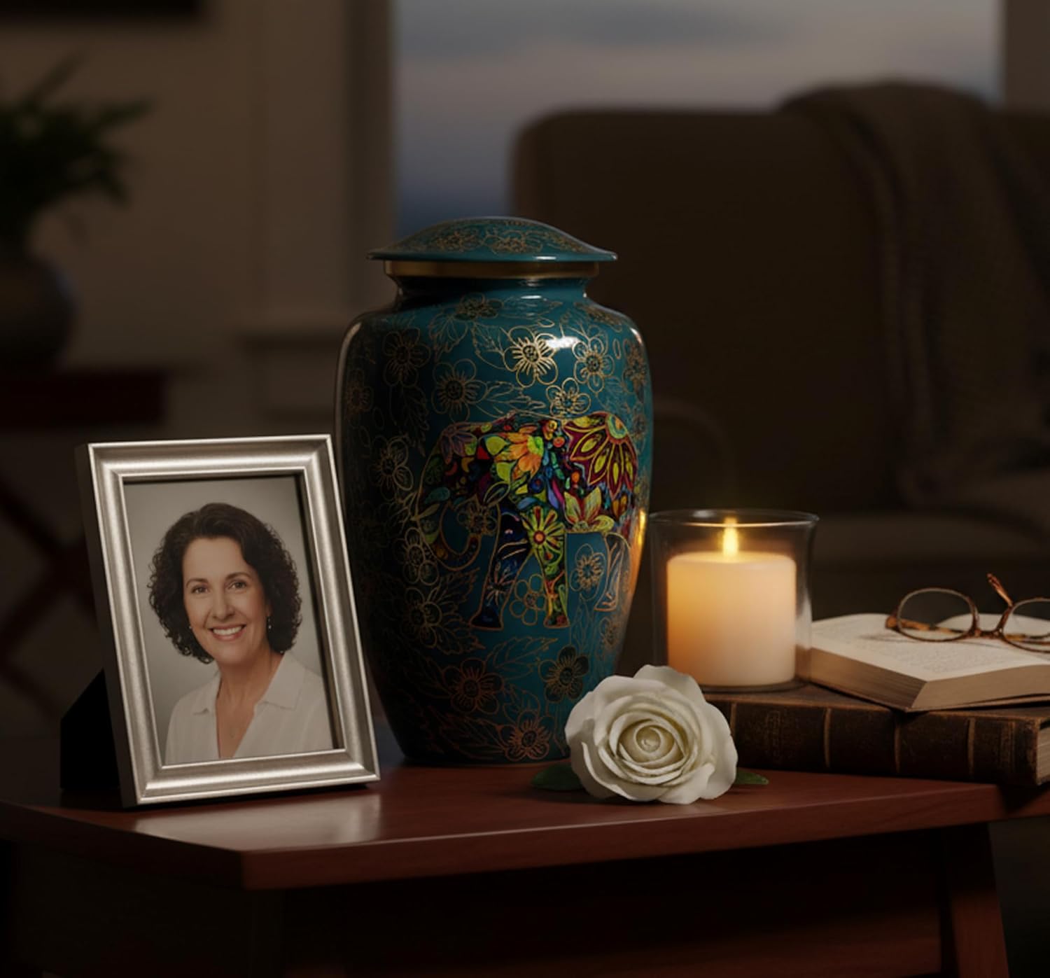 eSplanade Metal Cremation Urn Memorial Jar Pot Container | Full Size Urn for Funeral Ashes Burial | Elephant and Flowers Printed Metal Urn | Blue-Multi - 10" Inches