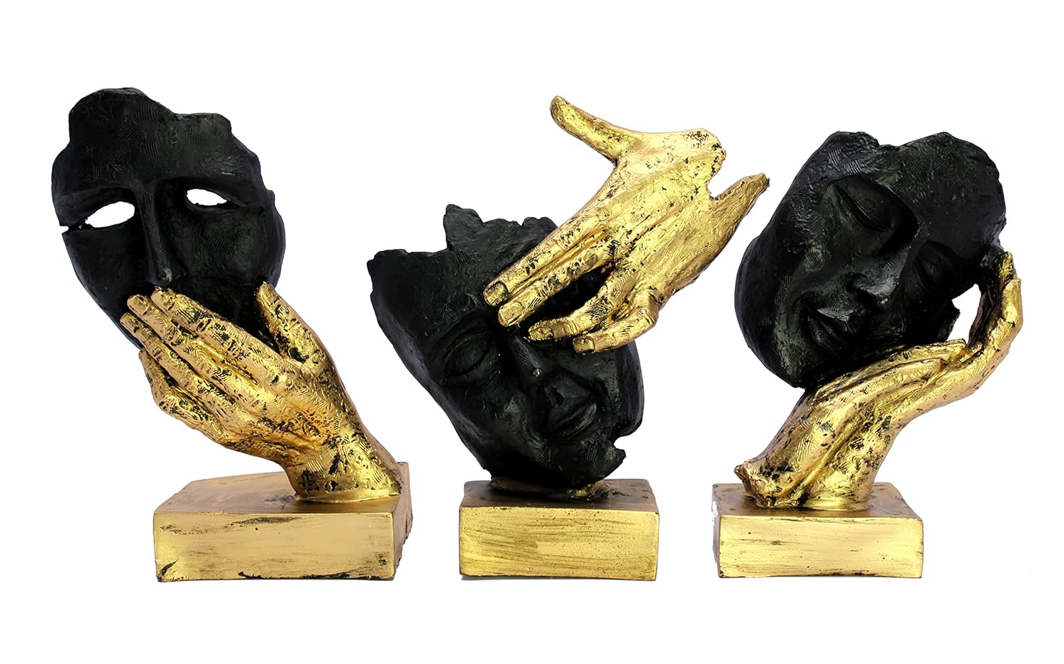 ESPLANADE Resin Human Faces Sculpture Showpiece - Zen Sculpture Showpiece | See No Evil, Hear No Evil, Speak No Evil Set of 3 - Black-Golden - 8.5" Inches