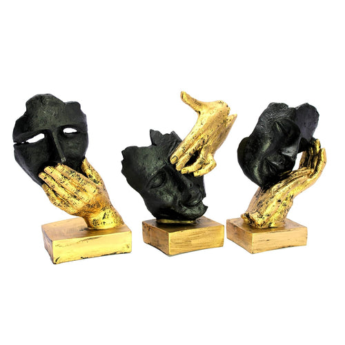 ESPLANADE Resin Human Faces Sculpture Showpiece - Zen Sculpture Showpiece | See No Evil, Hear No Evil, Speak No Evil Set of 3 - Black-Golden - 8.5
