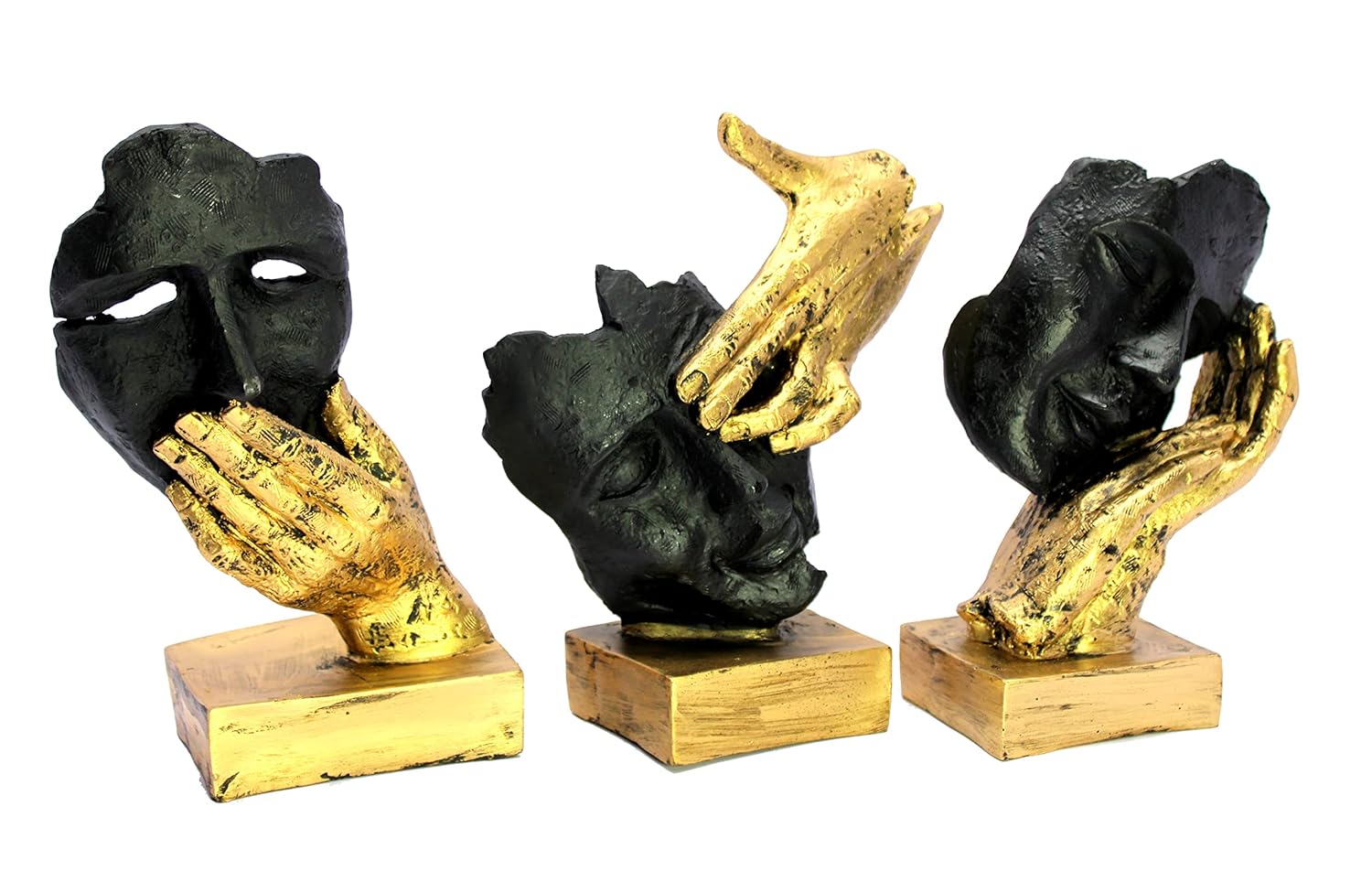 ESPLANADE Resin Human Faces Sculpture Showpiece - Zen Sculpture Showpiece | See No Evil, Hear No Evil, Speak No Evil Set of 3 - Black-Golden - 8.5" Inches
