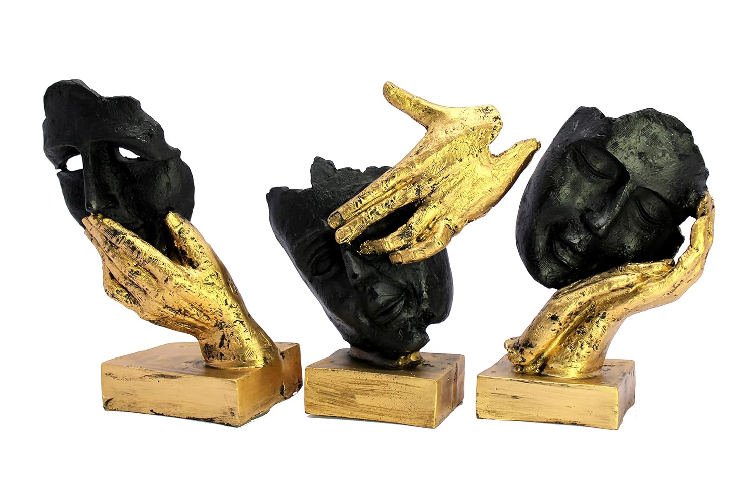 ESPLANADE Resin Human Faces Sculpture Showpiece - Zen Sculpture Showpiece | See No Evil, Hear No Evil, Speak No Evil Set of 3 - Black-Golden - 8.5" Inches