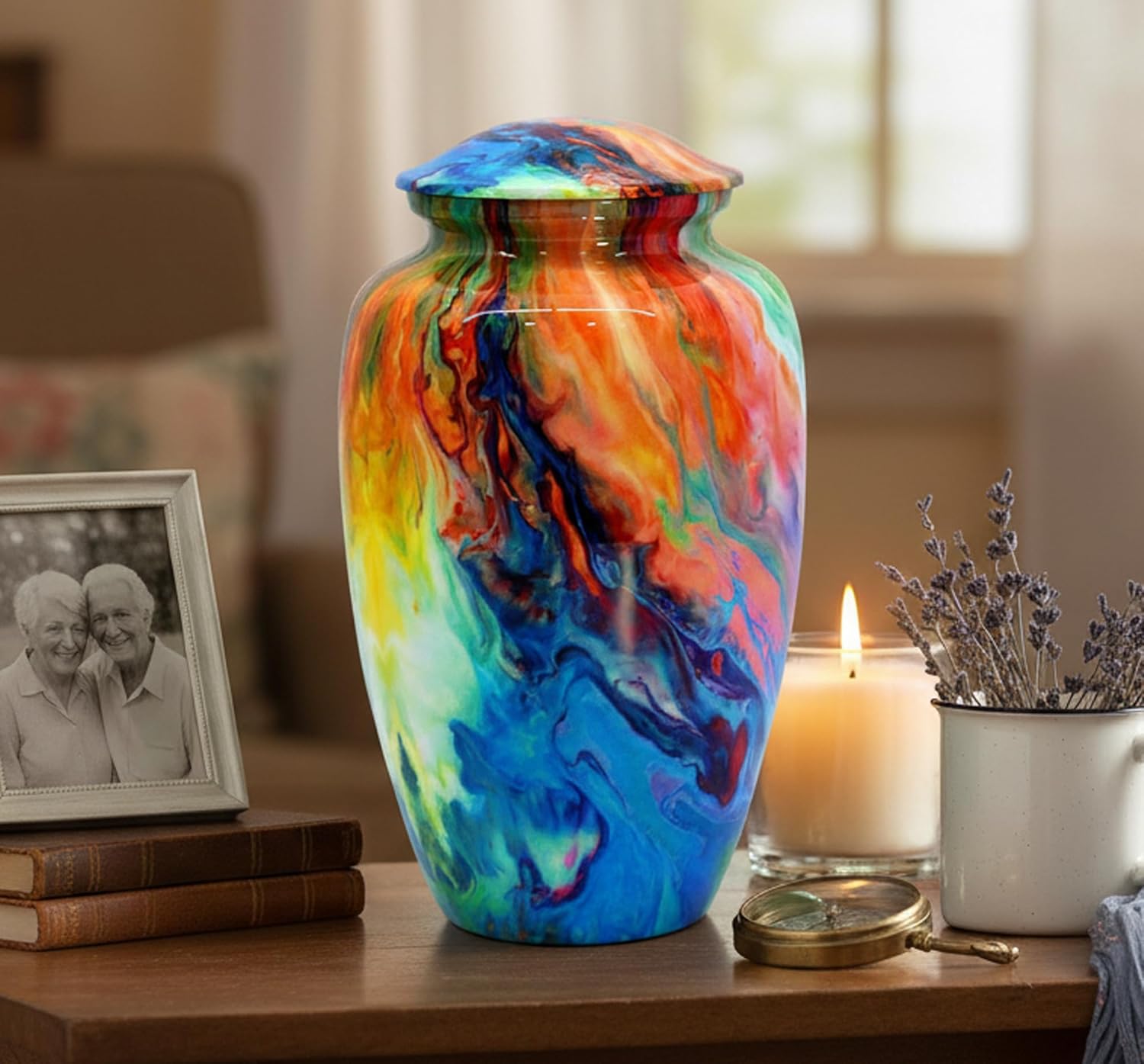 eSplanade Metal Cremation Urn Memorial Jar Pot Container | Full Size Urn for Funeral Ashes Burial | Flowers Printed Urn | Blue, Brown, Multicolor - 10" Inches