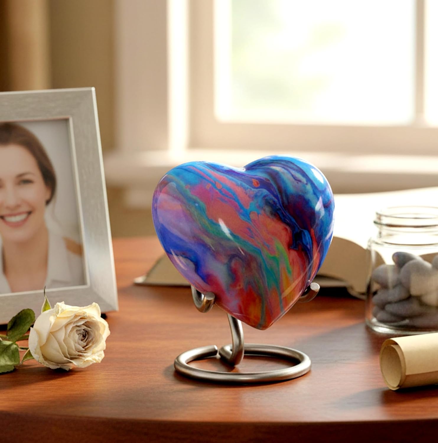 eSplanade Metal Mini Cremation Urn Heart-shaped Keepsake Memorial Jar Pot Container | Small Urn for Funeral Ashes Burial | Wave Textured Metal Keepsake with Stand | Multicolor