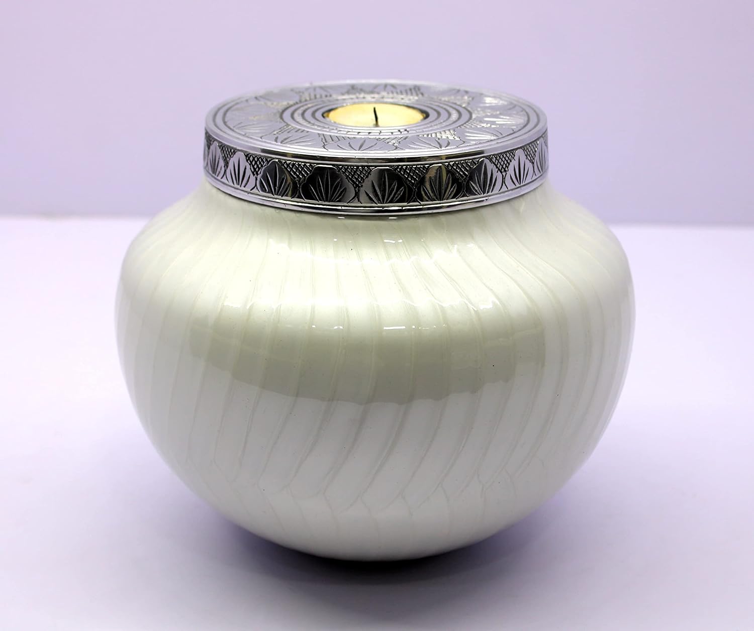 ESPLANADE Metal Tealight Cremation Urn Memorial Human Ashes Container Jar Pot | Tealight Candle Cavity | Burial Funeral Urns |Keepsake for Ashes | White - 8" Inches