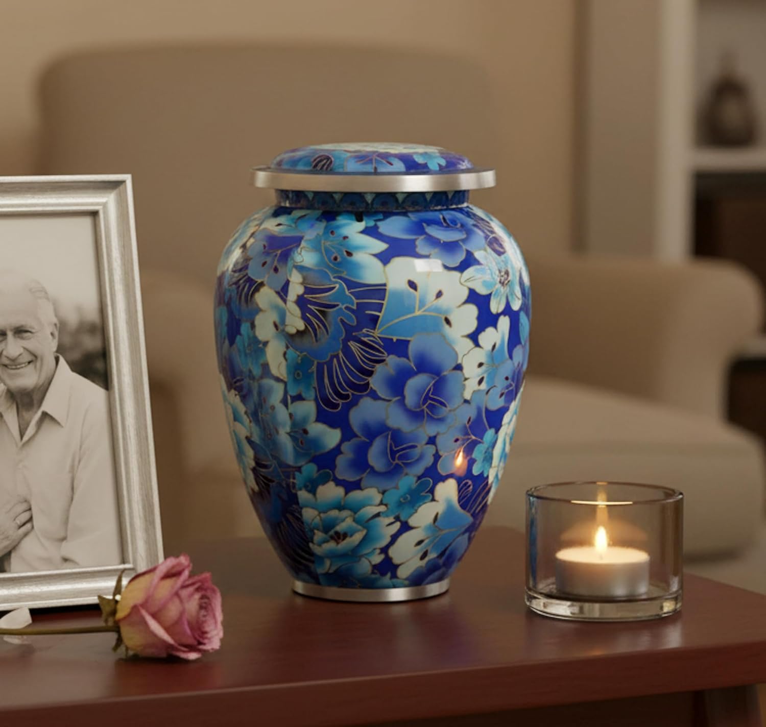 eSplanade Metal Cremation Urn Memorial Jar Pot Container | Full Size Urn for Funeral Ashes Burial | Flowers Printed Urn | Blue, Brown, Multicolor - 10" Inches