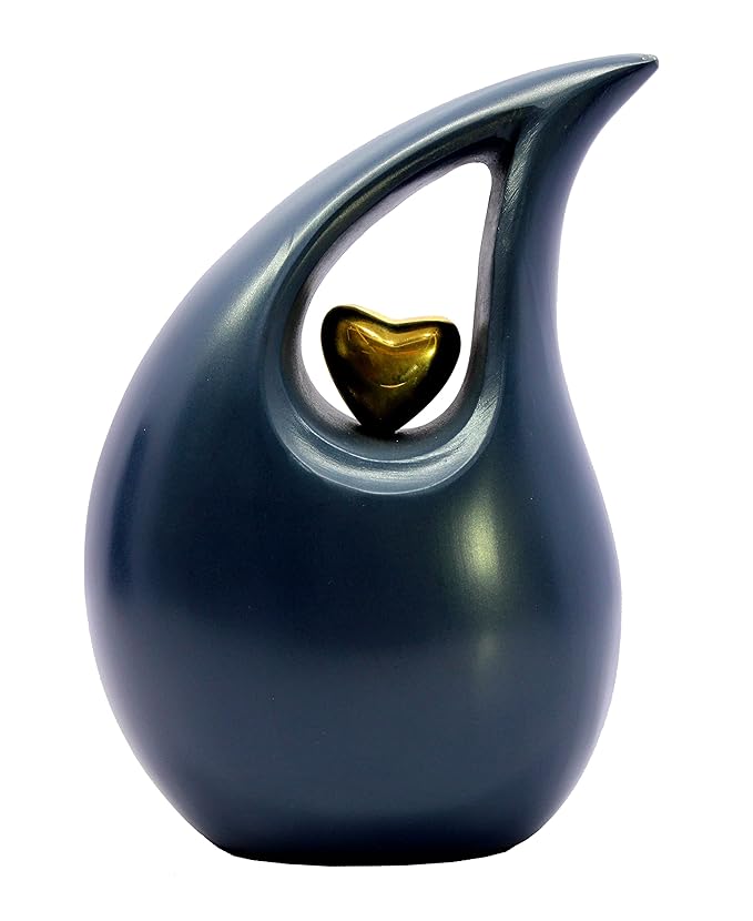 eSplanade Teardrop Cremation Urn Memorial Container Jar Pot | Cremation Urn with Golden Heart | Metal Urns | Burial Urns - Grey - 10" Inches