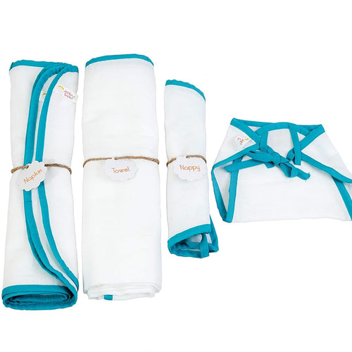 JnB Jacha & Bacha Gifts Sets for Newborns - 3 Nappies, 3 Napkins, and 1 Towel - Pure Soft Dhoti Cotton (Blue)