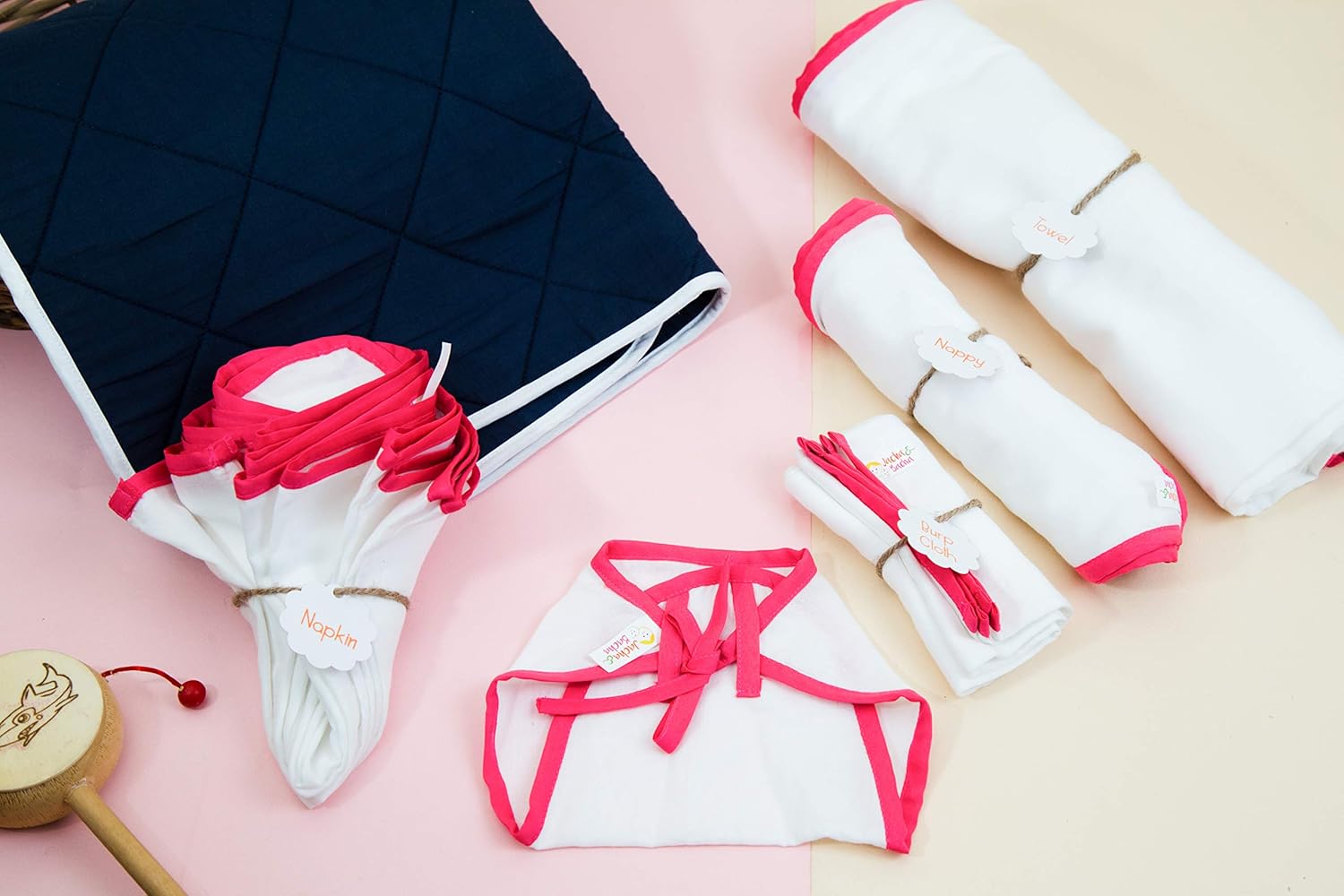 JnB Jacha & Bacha Jumbo Gift Set for Newborns - Set of 6 Nappies, 6 Napkins, 2 Towels, 2 Burp Cloth, 1 Liner - Pure Soft Dhoti Cotton (Pink)