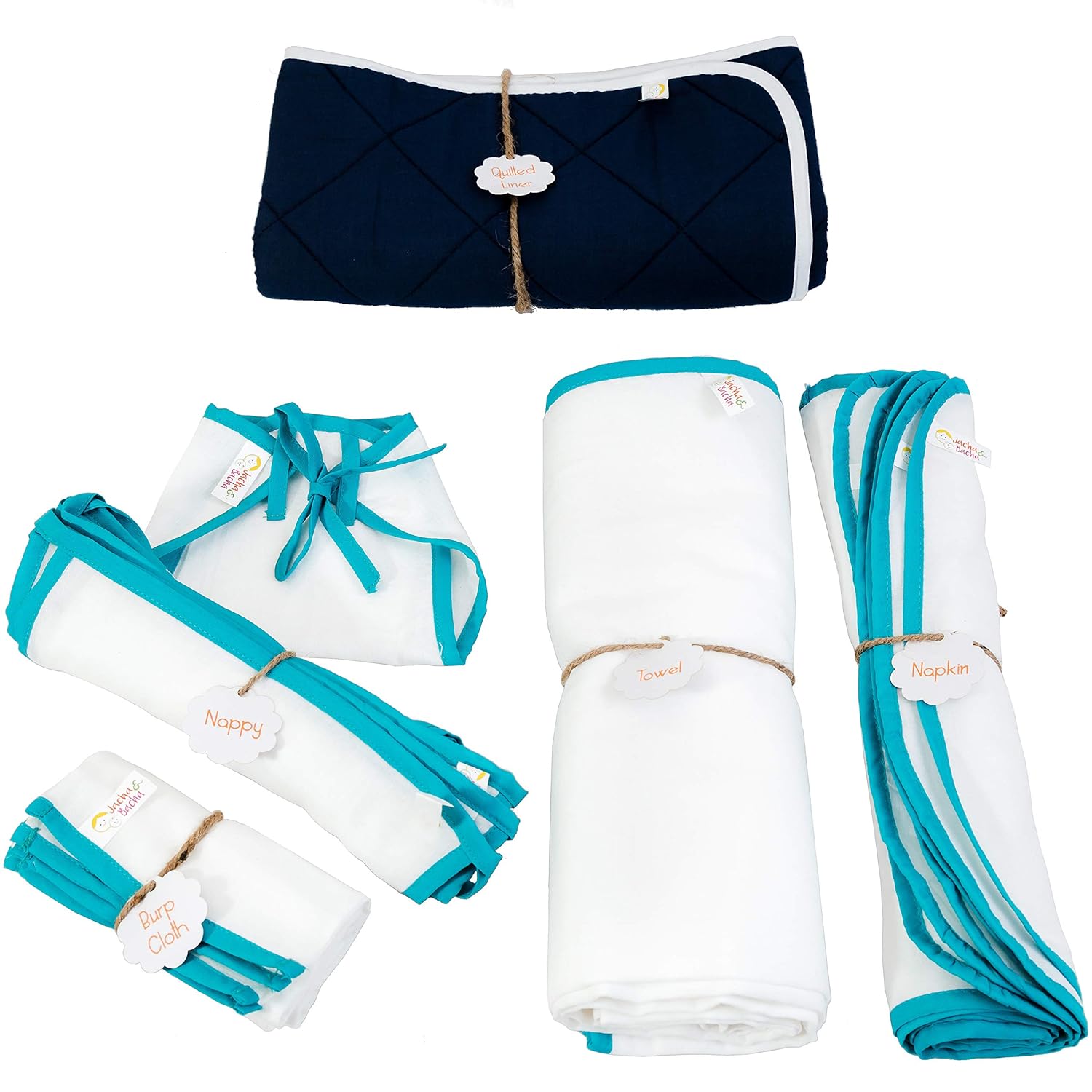 JnB Jacha & Bacha Jumbo Gift Set for Newborns - Set of 6 Nappies, 6 Napkins, 2 Towels, 2 Burp Cloth, 1 Liner - Pure Soft Dhoti Cotton (Blue)