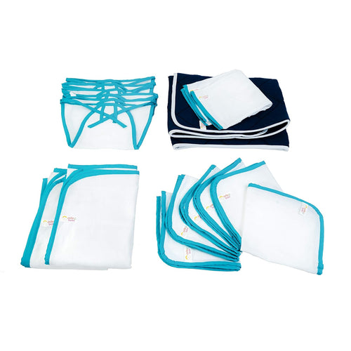 JnB Jacha & Bacha Jumbo Gift Set for Newborns - Set of 6 Nappies, 6 Napkins, 2 Towels, 2 Burp Cloth, 1 Liner - Pure Soft Dhoti Cotton (Blue)