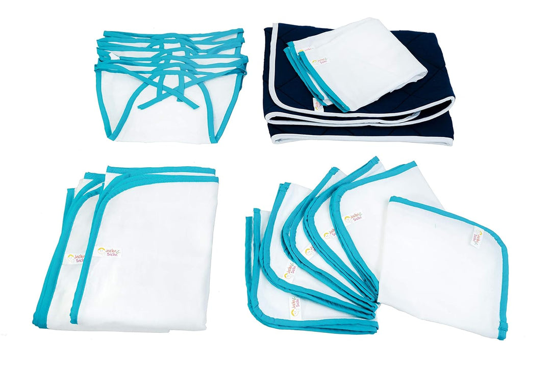 JnB Jacha & Bacha Jumbo Gift Set for Newborns - Set of 6 Nappies, 6 Napkins, 2 Towels, 2 Burp Cloth, 1 Liner - Pure Soft Dhoti Cotton (Blue)