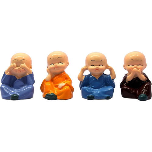 eSplanade Resin Smiling Happy Baby Buddha Monk Statues - Set of 4 | Feng Shui Monk Figurine Showpieces | Home Dðcor - Car Dashboard | Multicolour - 2