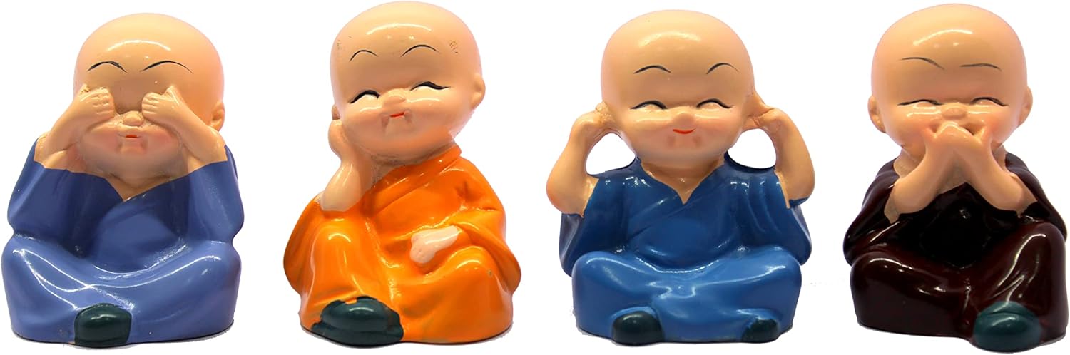 eSplanade Resin Smiling Happy Baby Buddha Monk Statues - Set of 4 | Feng Shui Monk Figurine Showpieces | Home Dðcor - Car Dashboard | Multicolour - 2" Inches (Small)