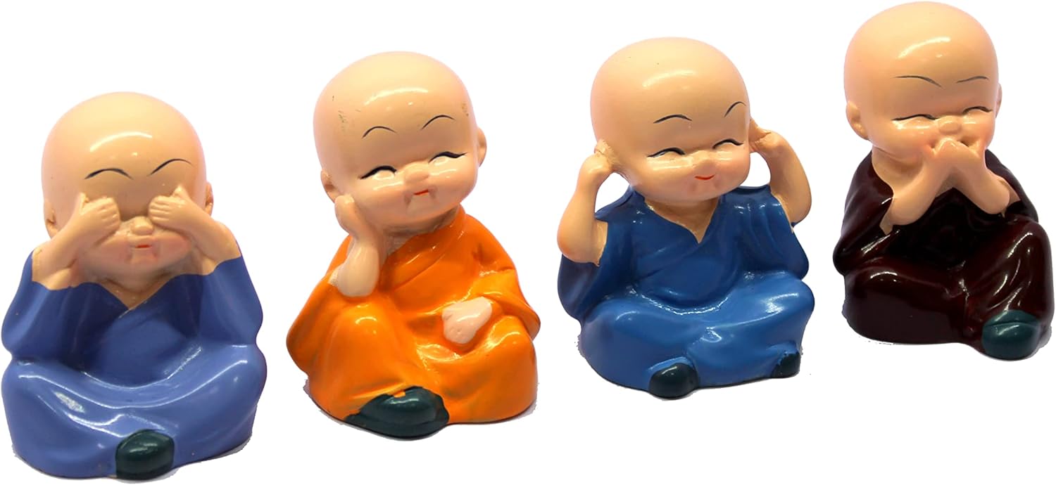 eSplanade Resin Smiling Happy Baby Buddha Monk Statues - Set of 4 | Feng Shui Monk Figurine Showpieces | Home Dðcor - Car Dashboard | Multicolour - 2" Inches (Small)