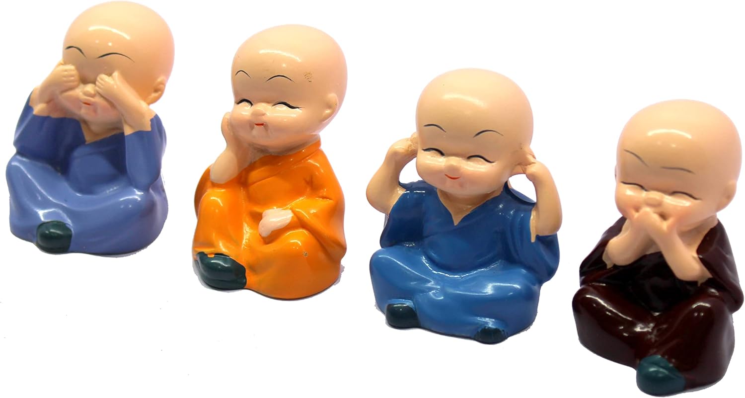 eSplanade Resin Smiling Happy Baby Buddha Monk Statues - Set of 4 | Feng Shui Monk Figurine Showpieces | Home Dðcor - Car Dashboard | Multicolour - 2" Inches (Small)