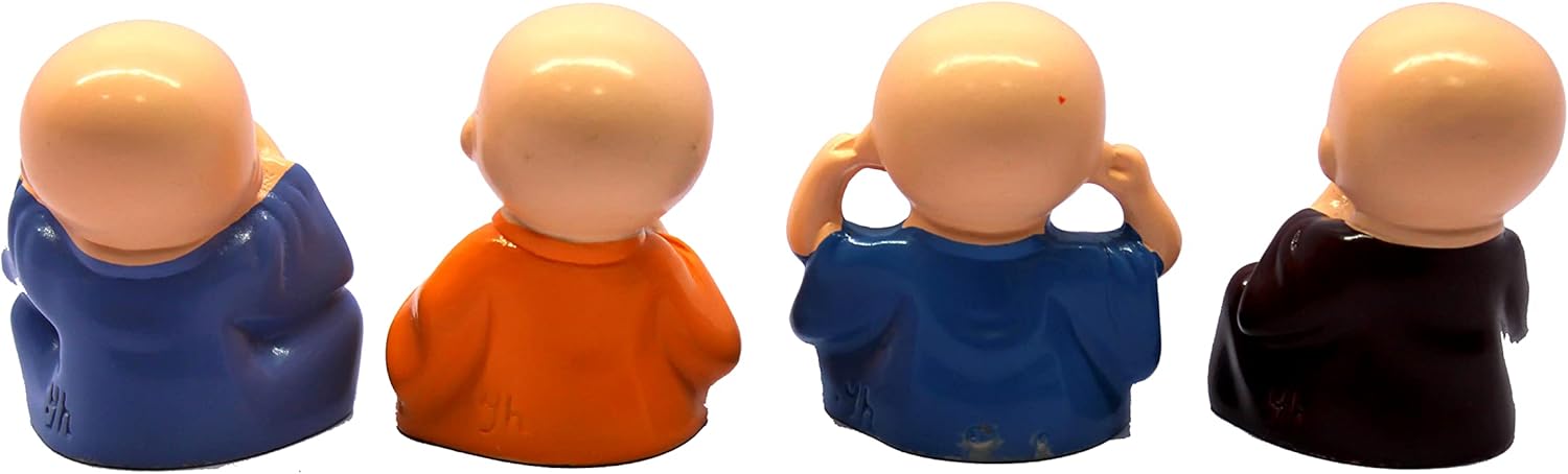 eSplanade Resin Smiling Happy Baby Buddha Monk Statues - Set of 4 | Feng Shui Monk Figurine Showpieces | Home Dðcor - Car Dashboard | Multicolour - 2" Inches (Small)