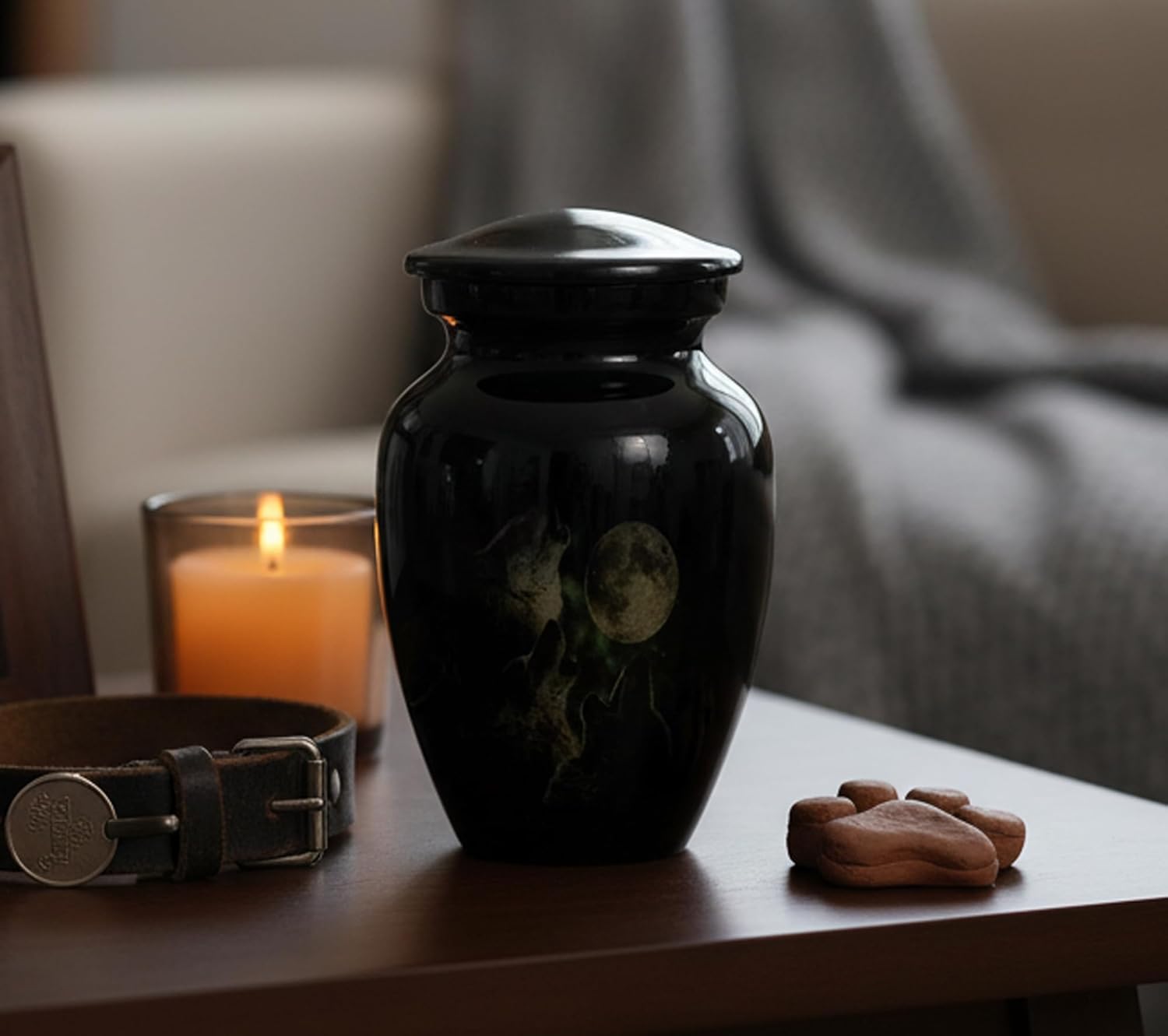 eSplanade Mini Cremation Urn Memorial Jar Pot Container | Small Metal Urn for Funeral Ashes Burial | Wolves with Moon Printed Metal Keepsake | Black - 4.5" Inches