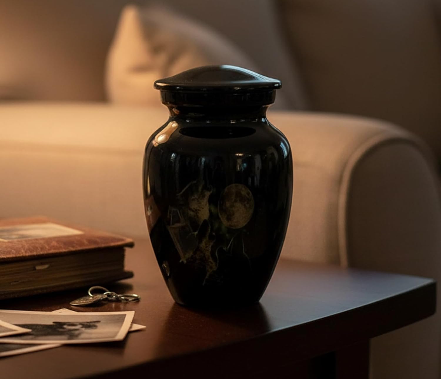 eSplanade Mini Cremation Urn Memorial Jar Pot Container | Small Metal Urn for Funeral Ashes Burial | Wolves with Moon Printed Metal Keepsake | Black - 4.5" Inches