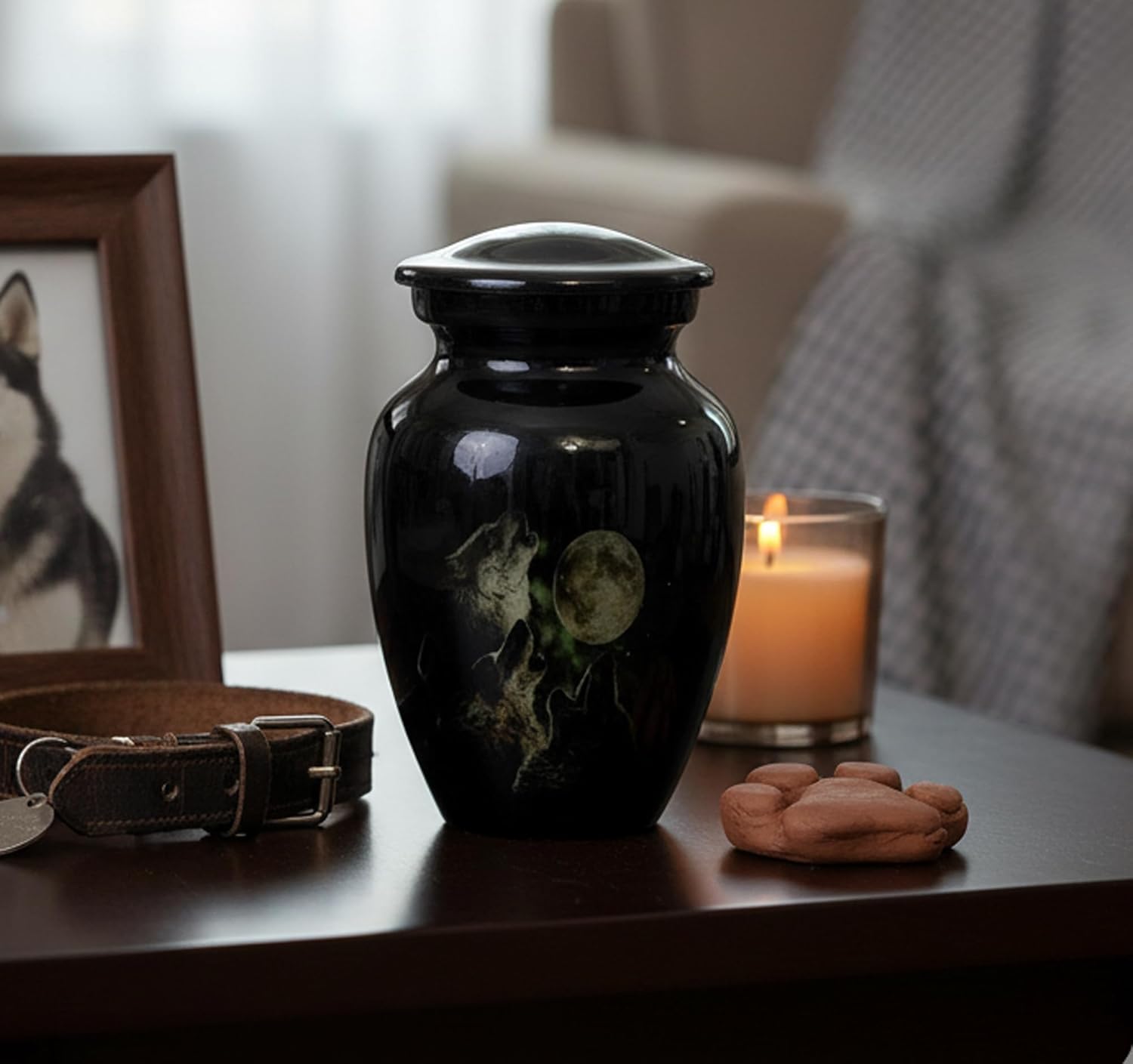 eSplanade Mini Cremation Urn Memorial Jar Pot Container | Small Metal Urn for Funeral Ashes Burial | Wolves with Moon Printed Metal Keepsake | Black - 4.5" Inches