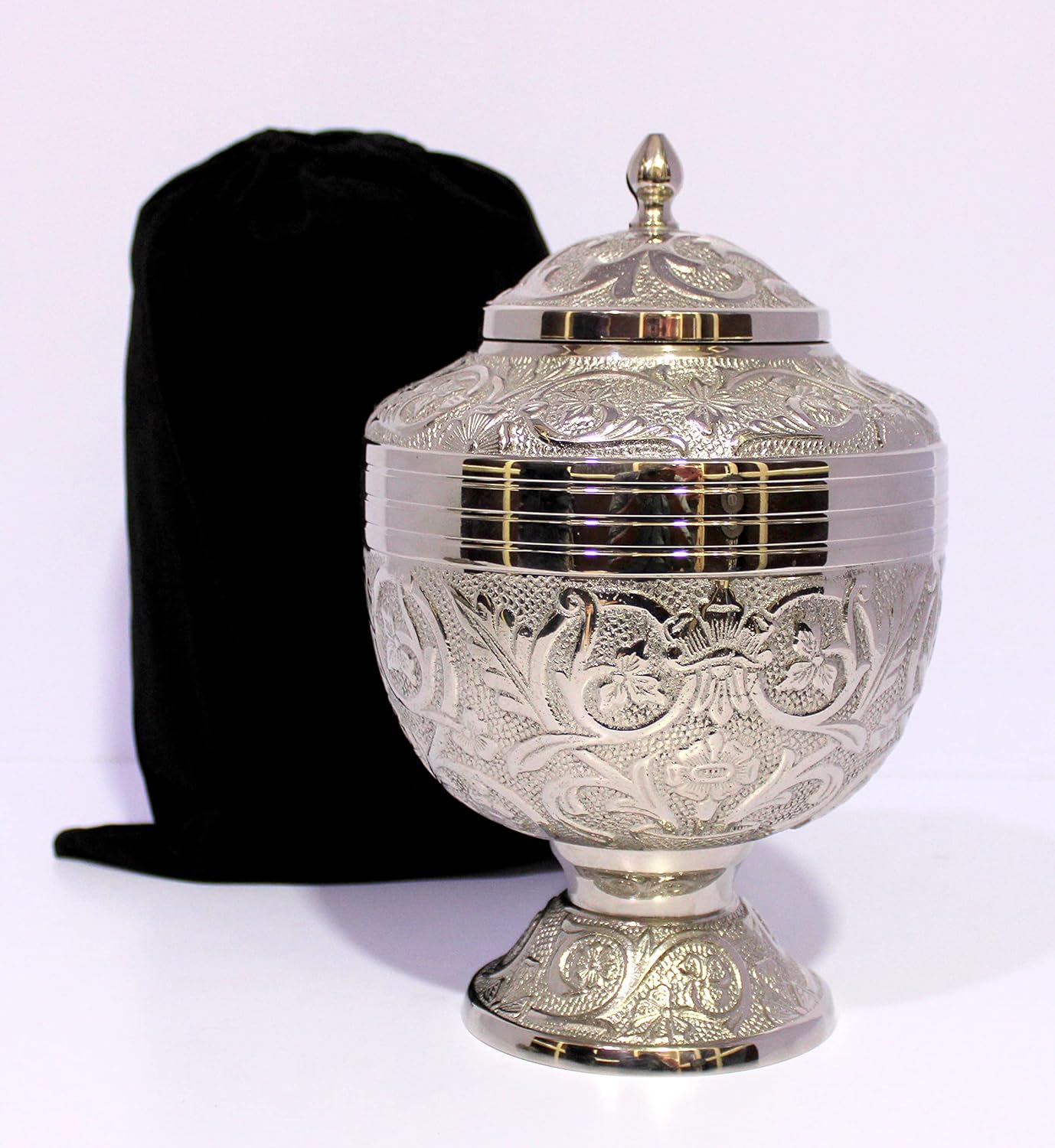 eSplanade - Brass Embossed Cremation Urn Memorial Human Ashes Container Jar Pot | Burial Funeral Urns | Silver Engraved - 12" Inches (Full Size Regular Urn)