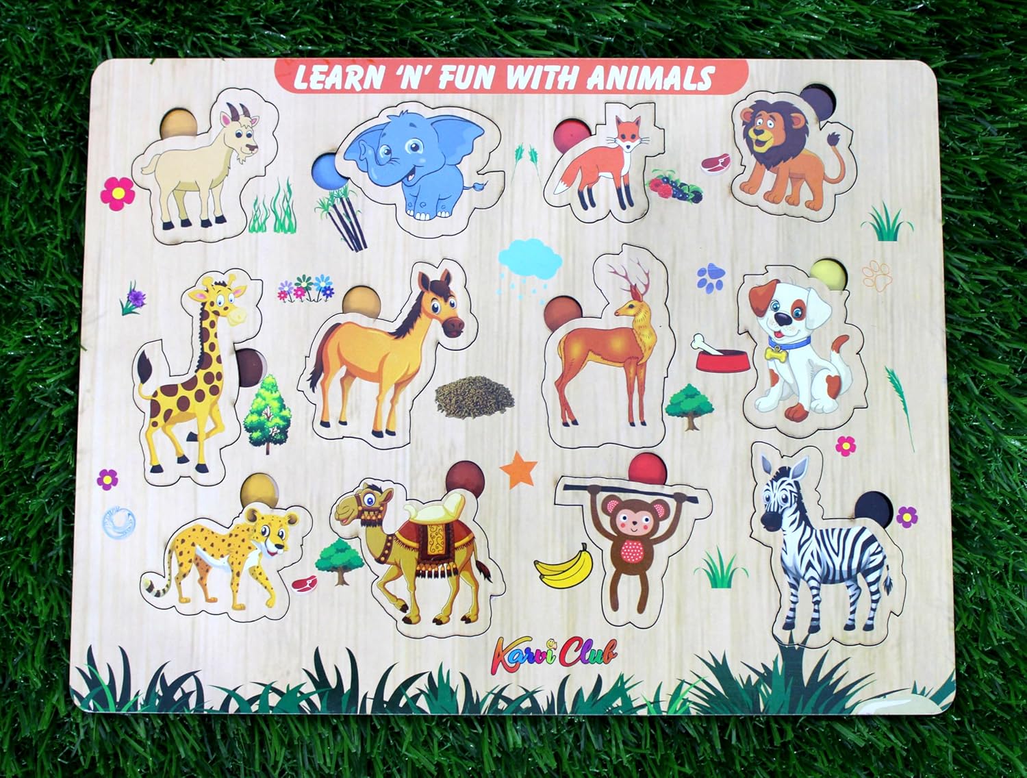 Stonkraft | Wooden "Know Animals" Preschool Learning Board Puzzle for Kids Infants Toddlers - 12 Pieces - Multicolor - 18" x 12" Inches