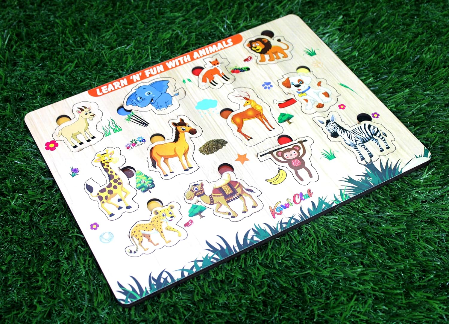 Stonkraft | Wooden "Know Animals" Preschool Learning Board Puzzle for Kids Infants Toddlers - 12 Pieces - Multicolor - 18" x 12" Inches