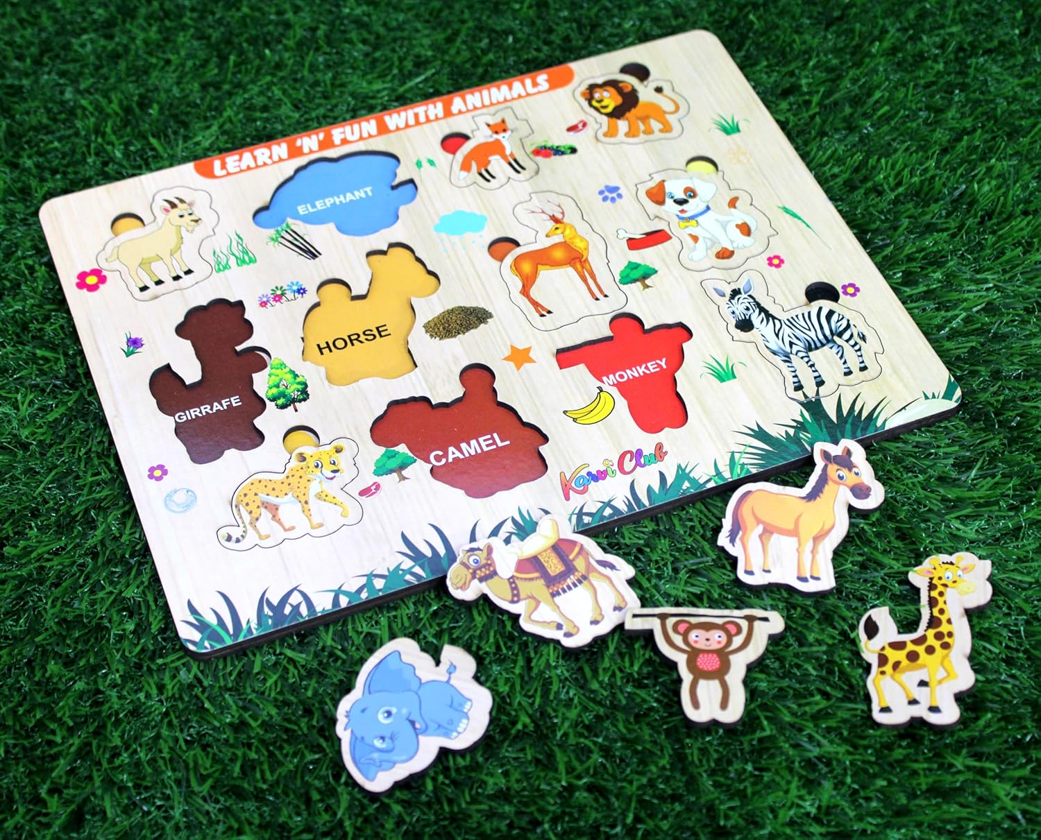 Stonkraft | Wooden "Know Animals" Preschool Learning Board Puzzle for Kids Infants Toddlers - 12 Pieces - Multicolor - 18" x 12" Inches