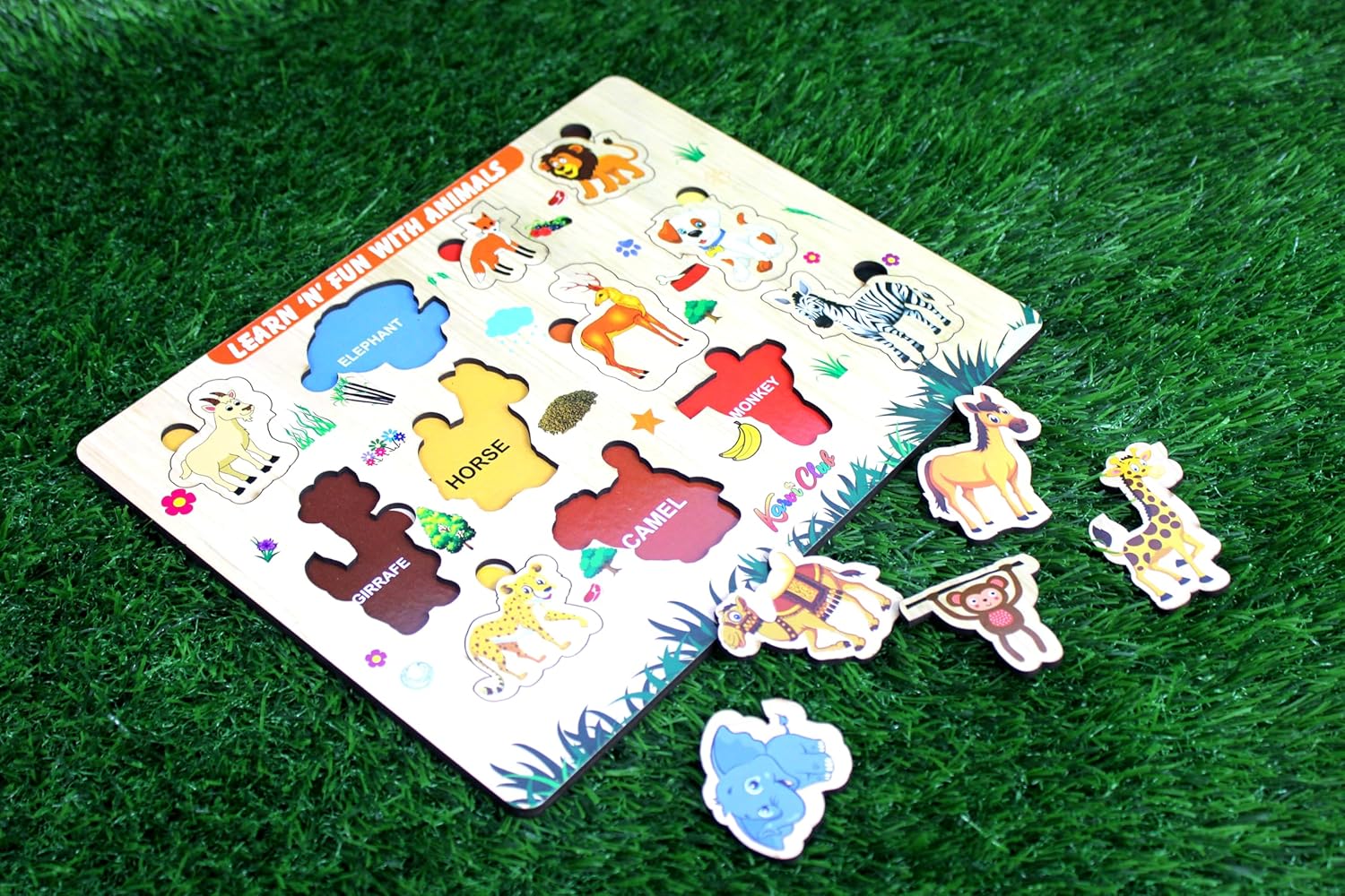 Stonkraft | Wooden "Know Animals" Preschool Learning Board Puzzle for Kids Infants Toddlers - 12 Pieces - Multicolor - 18" x 12" Inches