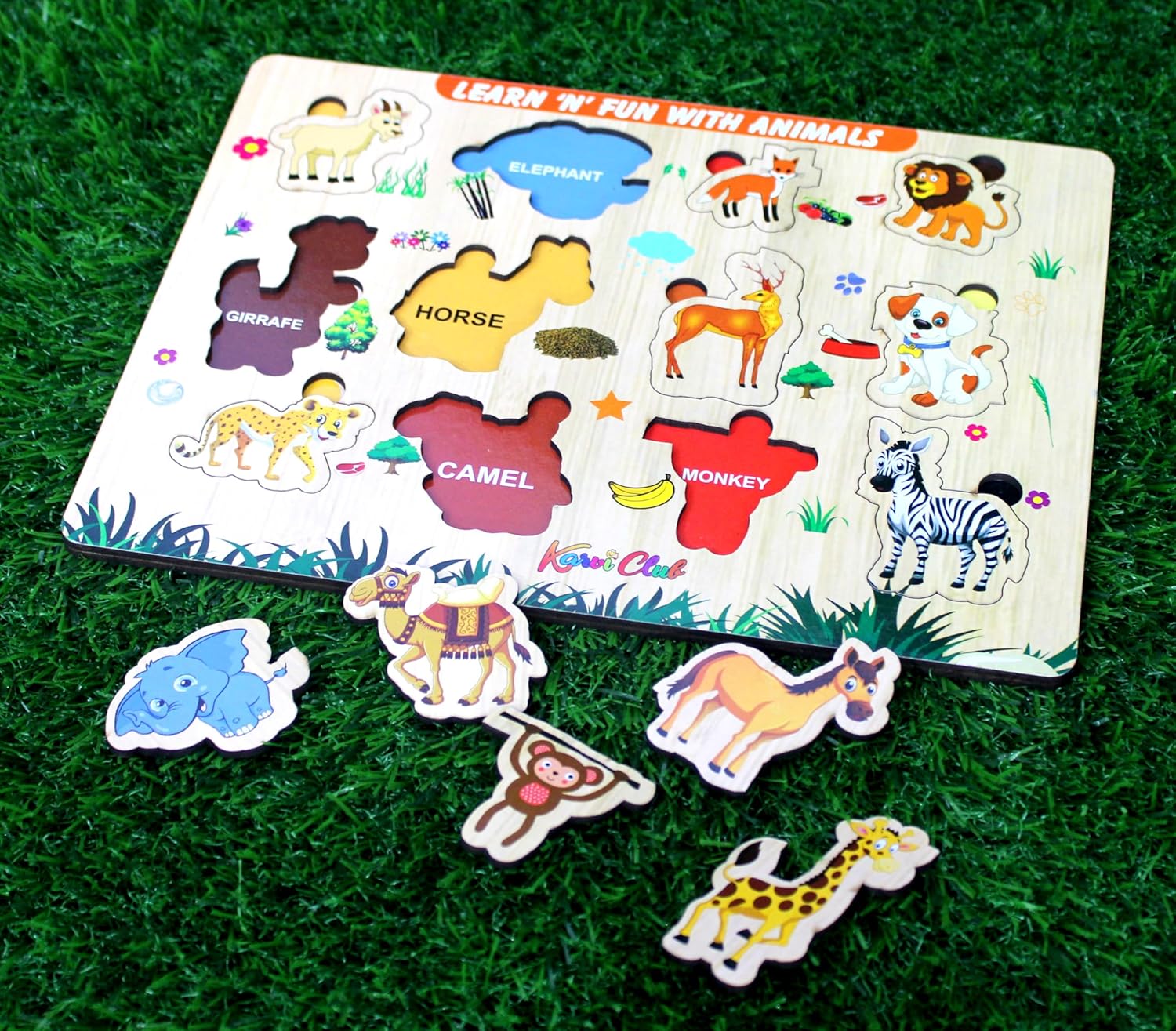 Stonkraft | Wooden "Know Animals" Preschool Learning Board Puzzle for Kids Infants Toddlers - 12 Pieces - Multicolor - 18" x 12" Inches