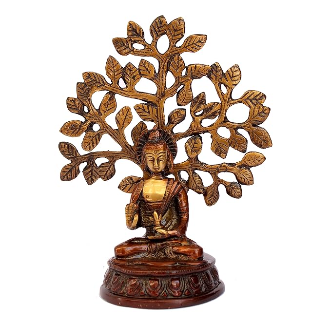 ESPLANADE Meditating Buddha with Nirvana Bodhi Tree Samadhi Showpiece Statue Sculpture Figurine Home Decor | Brass - Brown - 7" Inches