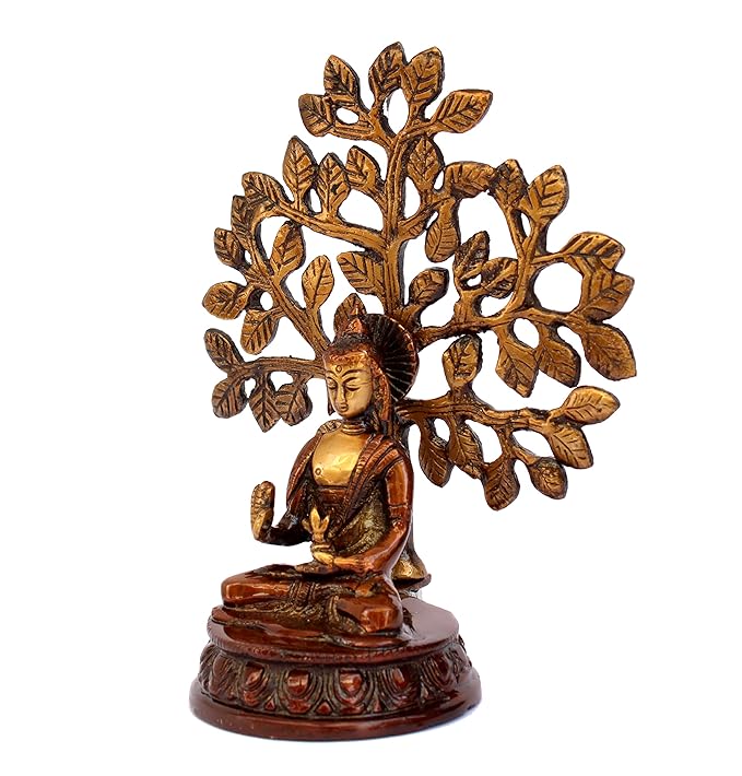 ESPLANADE Meditating Buddha with Nirvana Bodhi Tree Samadhi Showpiece Statue Sculpture Figurine Home Decor | Brass - Brown - 7" Inches