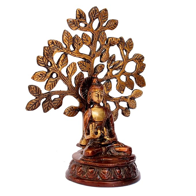 ESPLANADE Meditating Buddha with Nirvana Bodhi Tree Samadhi Showpiece Statue Sculpture Figurine Home Decor | Brass - Brown - 7" Inches