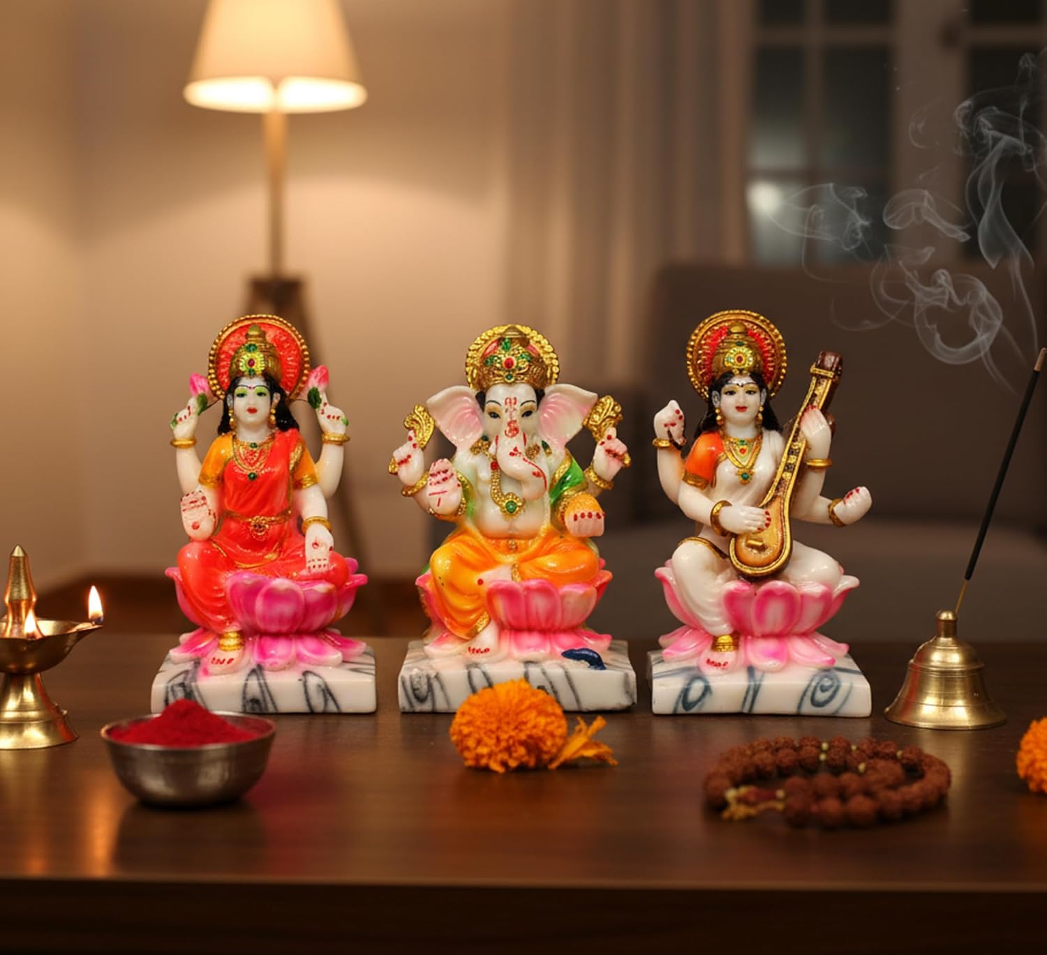 eSplanade Saraswati on Lotus | Saraswati Goddess Murti Idol Statue Sculpture Figurine - Resin - Multi - 10.5" & 7" Inches