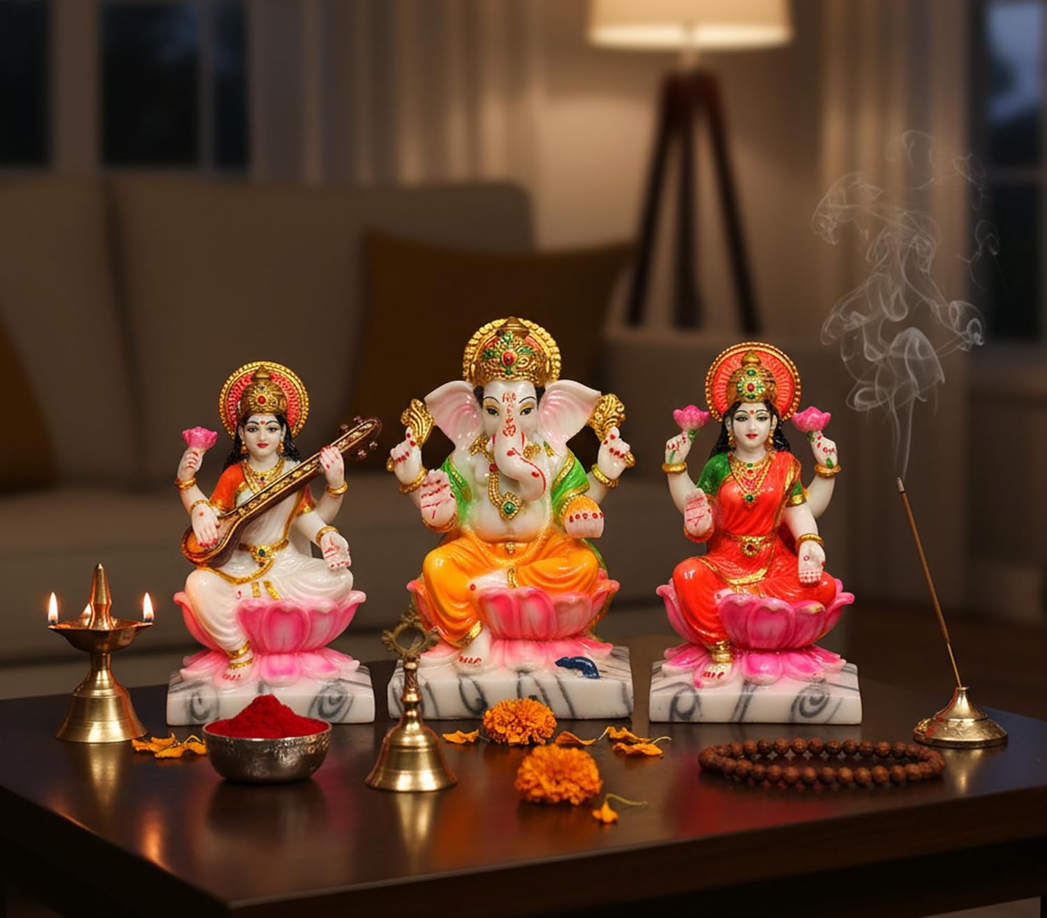 eSplanade Saraswati on Lotus | Saraswati Goddess Murti Idol Statue Sculpture Figurine - Resin - Multi - 10.5" & 7" Inches