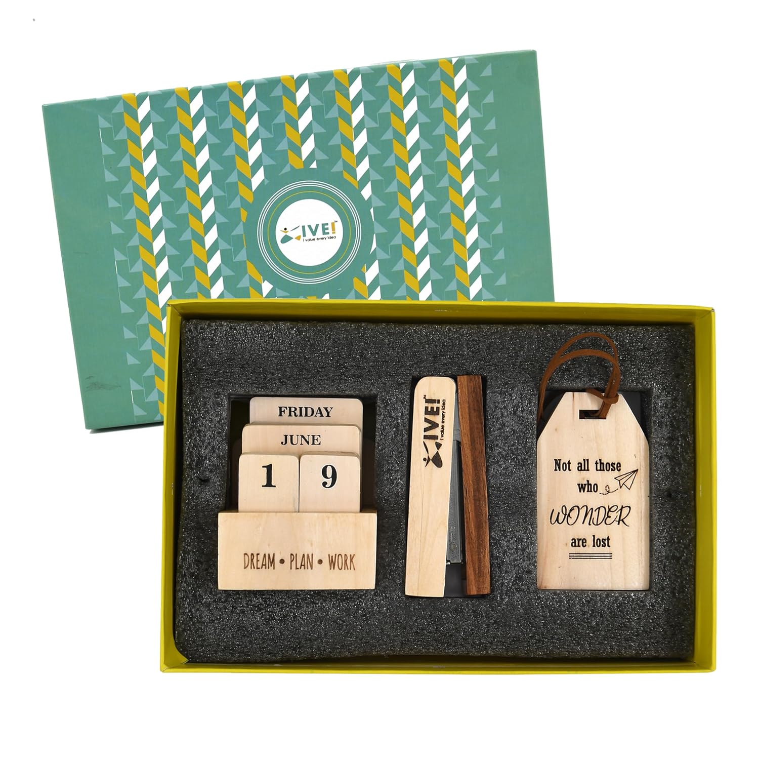 IVEI Gift Box Set with Perpetual Calendar, Wooden Stapler & Wooden Luggage Tags - Handcrafted Desk Accessories | Stationery Lover Gifts|Gift Boxes for Working Professionals