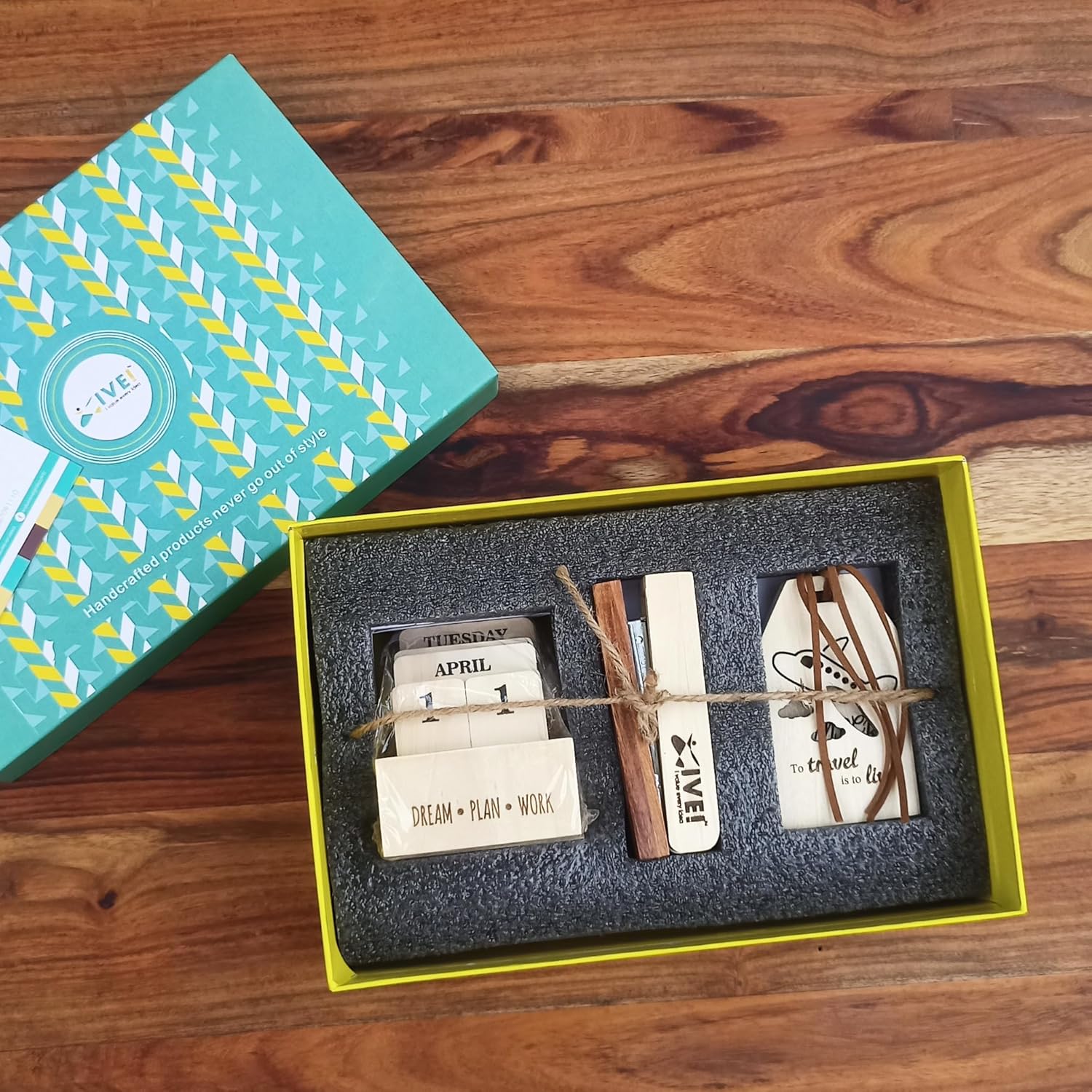 IVEI Gift Box Set with Perpetual Calendar, Wooden Stapler & Wooden Luggage Tags - Handcrafted Desk Accessories | Stationery Lover Gifts|Gift Boxes for Working Professionals