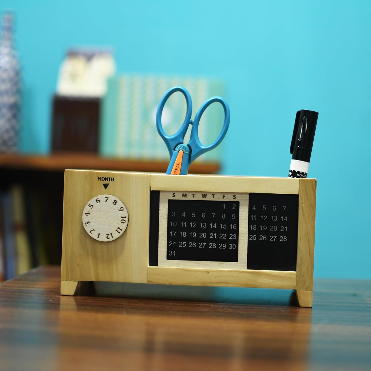 IVEI Wooden Perpetual Calendar & Desk Organizer - Multi-Utility Pen Holder, Eco-Friendly Desktop Accessory | Forever Calendar | Perfect for Home & Office