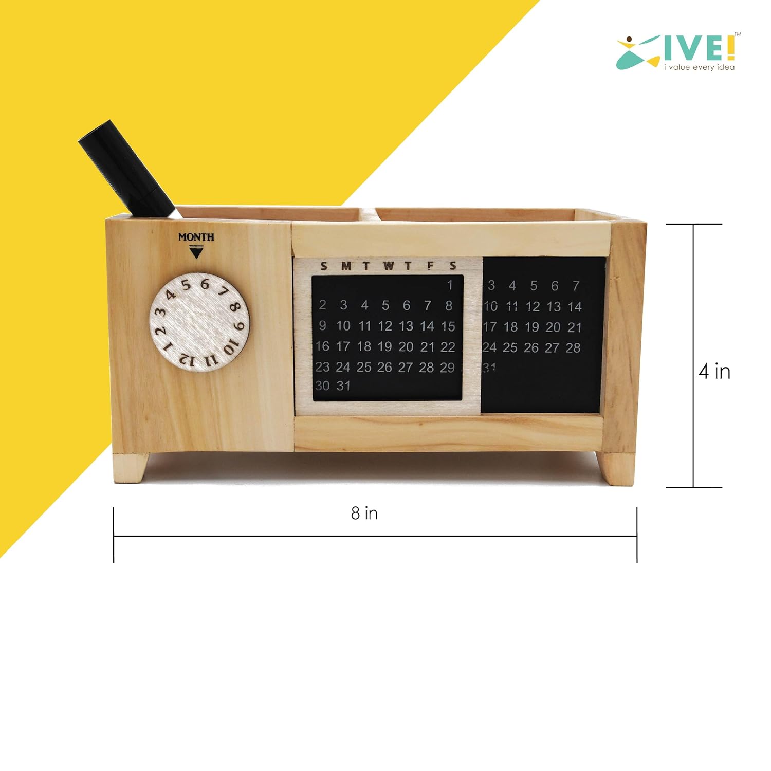 IVEI Wooden Perpetual Calendar & Desk Organizer - Multi-Utility Pen Holder, Eco-Friendly Desktop Accessory | Forever Calendar | Perfect for Home & Office