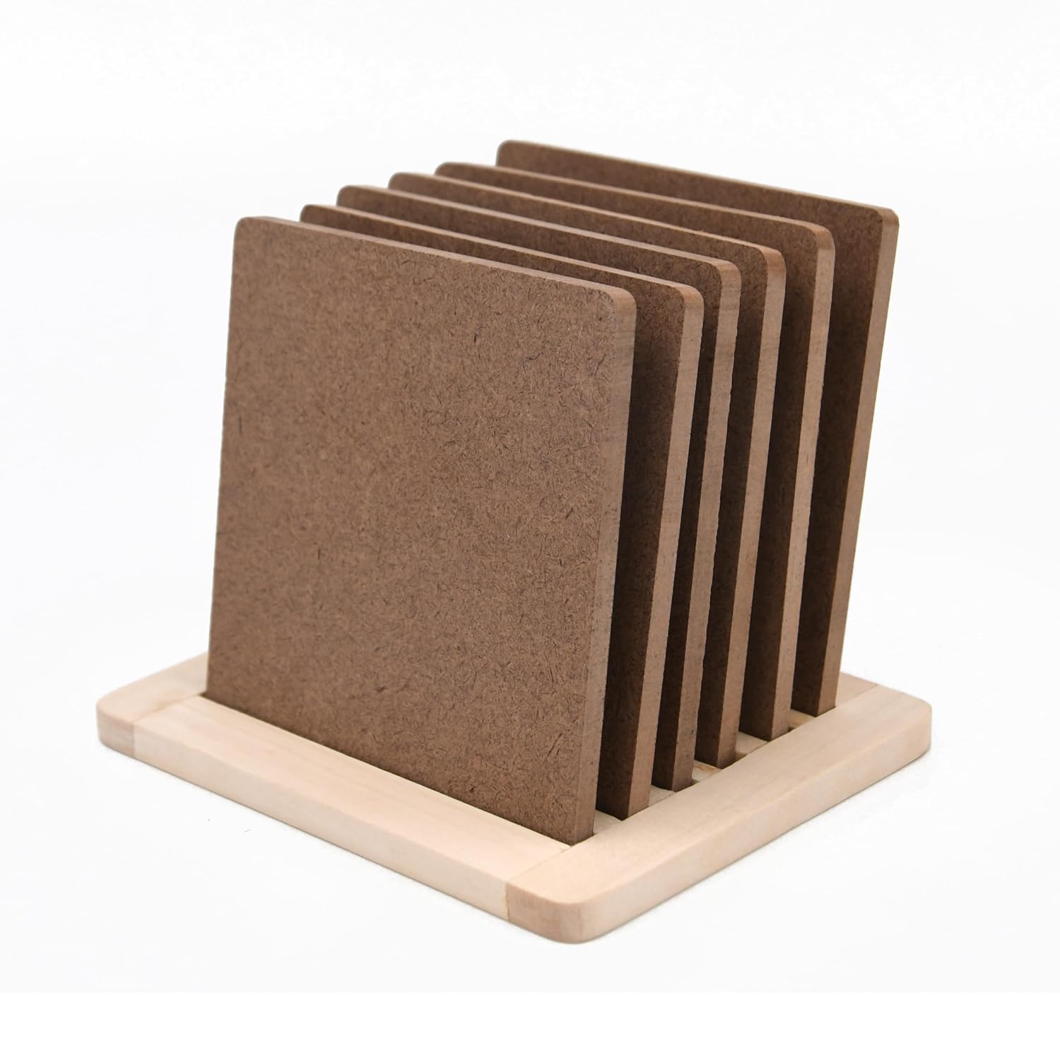IVEI MDF DIY Coasters with Holder Stand - MDF Plain Wooden Coasters & Holder Blank Cutouts for Painting, Sheet Craft, Decoupage, Resin Art Work & Decoration (Square with Wooden Holder)