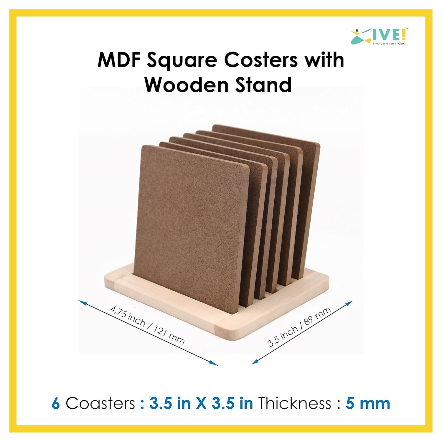 IVEI MDF DIY Coasters with Holder Stand - MDF Plain Wooden Coasters & Holder Blank Cutouts for Painting, Sheet Craft, Decoupage, Resin Art Work & Decoration (Square with Wooden Holder)