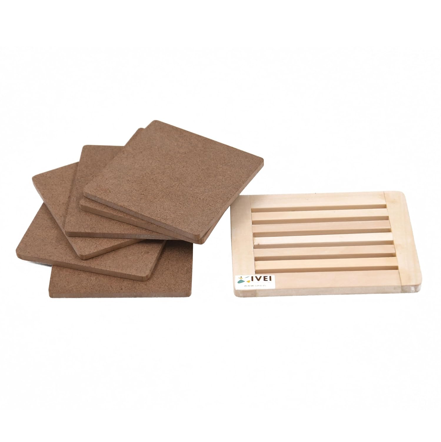 IVEI MDF DIY Coasters with Holder Stand - MDF Plain Wooden Coasters & Holder Blank Cutouts for Painting, Sheet Craft, Decoupage, Resin Art Work & Decoration (Square with Wooden Holder)