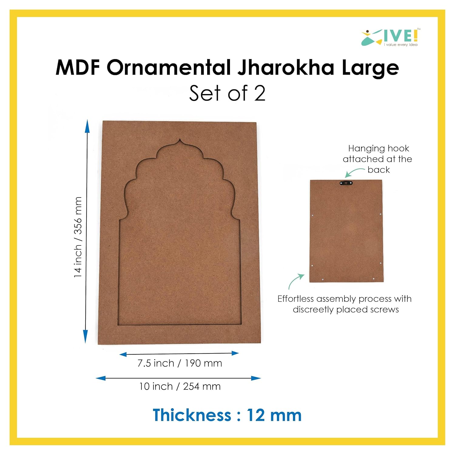 IVEI MDF DIY Jharokha Wall Decor - Set of 2, 10x14 - Paint & Decorate for Crafts & Decoupage - Durable, Easy Assembly with Hanging Hook - (Large - Plain)